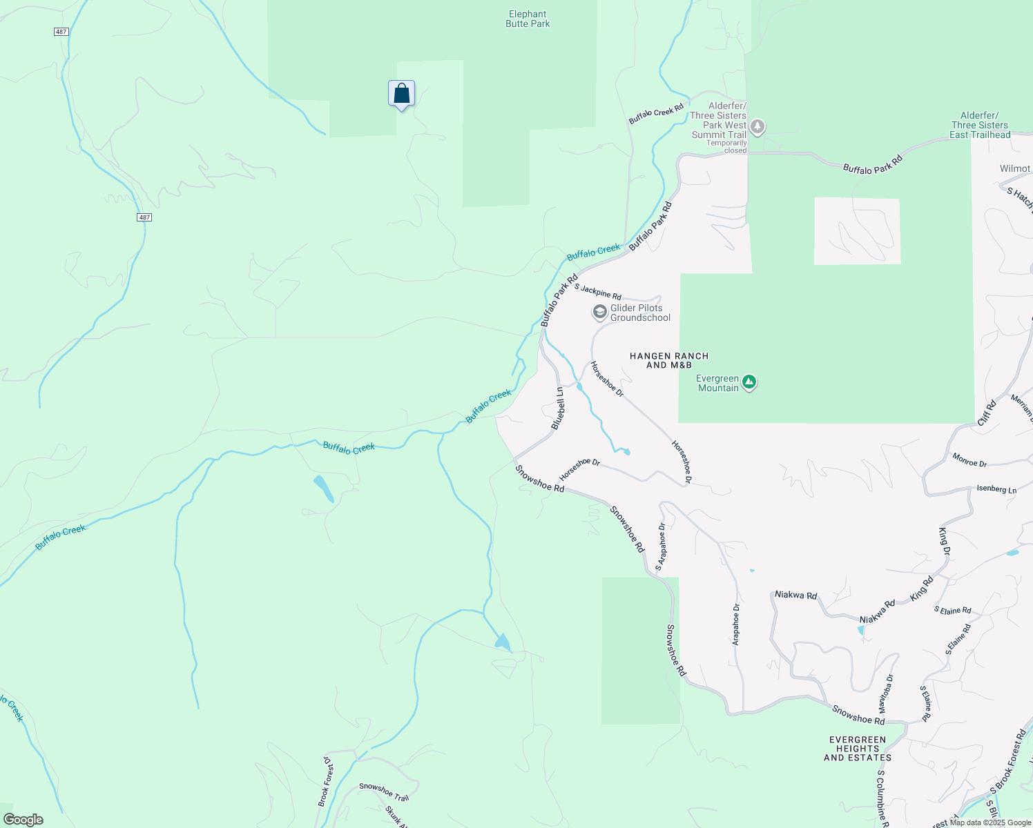 map of restaurants, bars, coffee shops, grocery stores, and more near 32993 Snowshoe Road in Evergreen