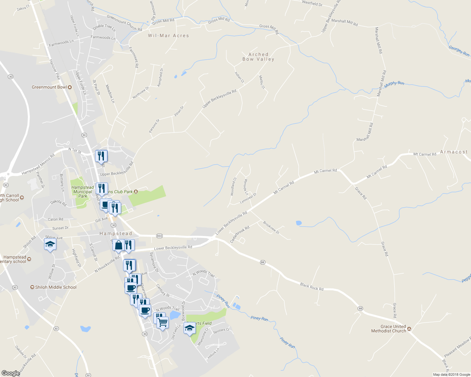 map of restaurants, bars, coffee shops, grocery stores, and more near 1209 Woodland Court in Hampstead