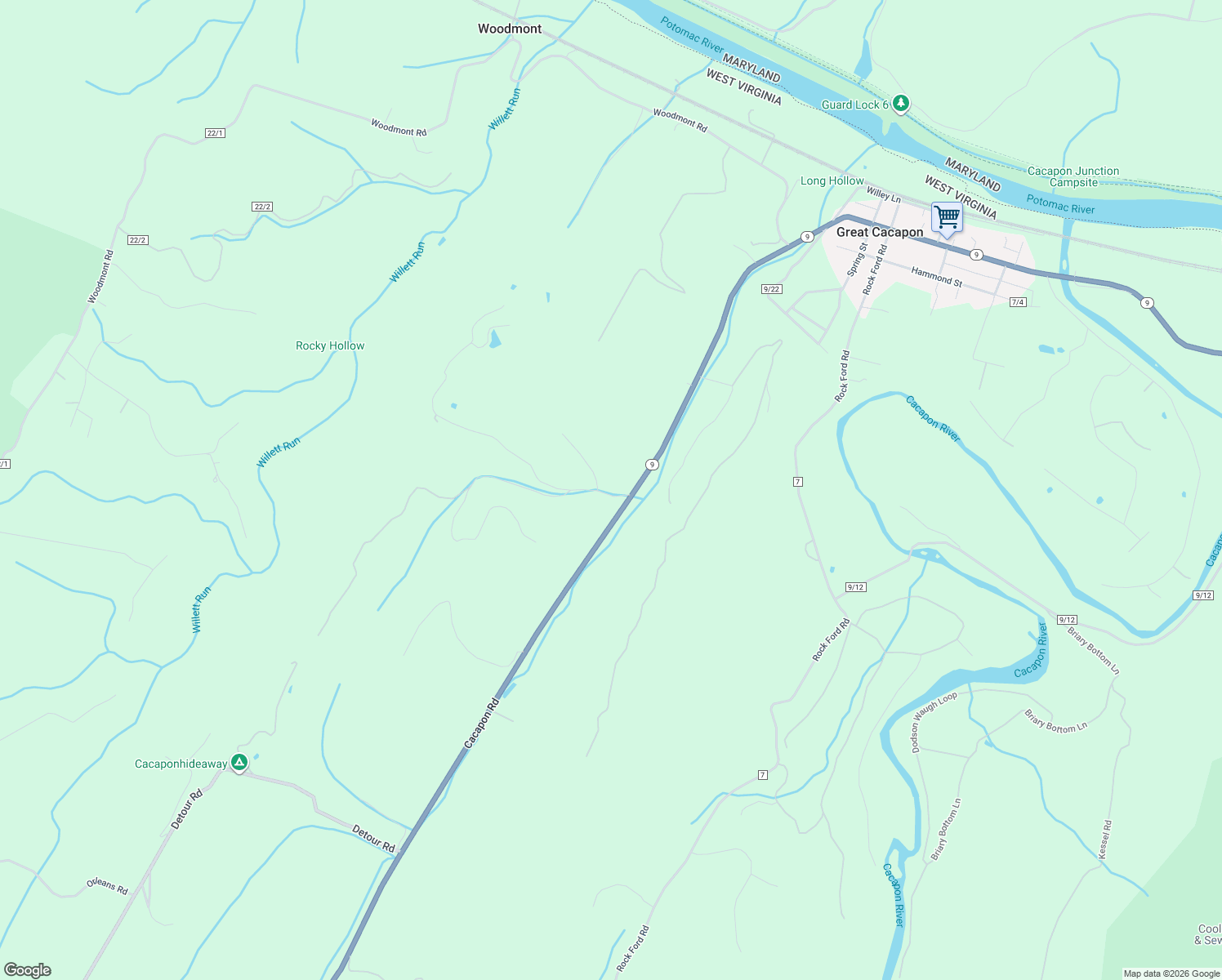 map of restaurants, bars, coffee shops, grocery stores, and more near 26 Moss Hill Court in Great Cacapon