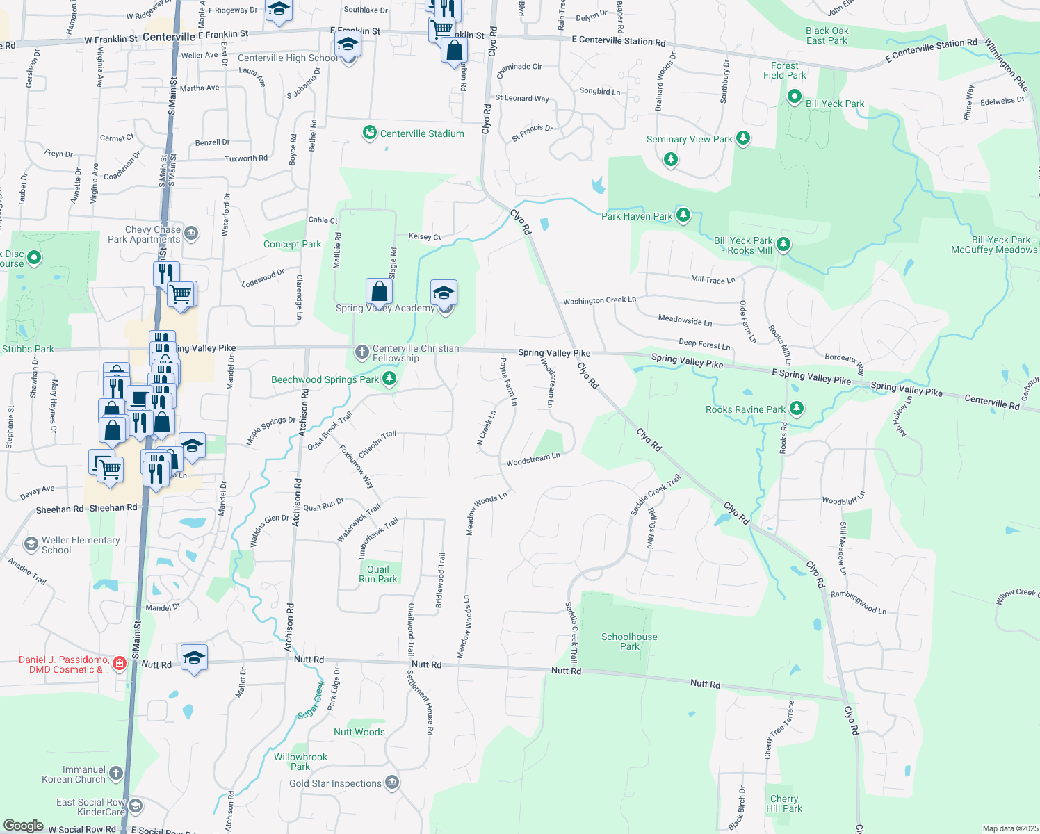 map of restaurants, bars, coffee shops, grocery stores, and more near 9096 Payne Farm Lane in Dayton