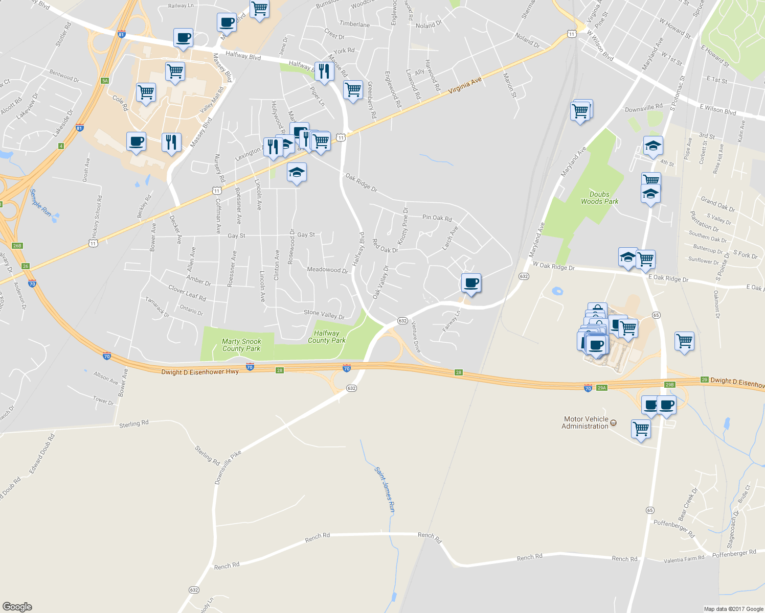 map of restaurants, bars, coffee shops, grocery stores, and more near 17704 Leonard Avenue in Hagerstown