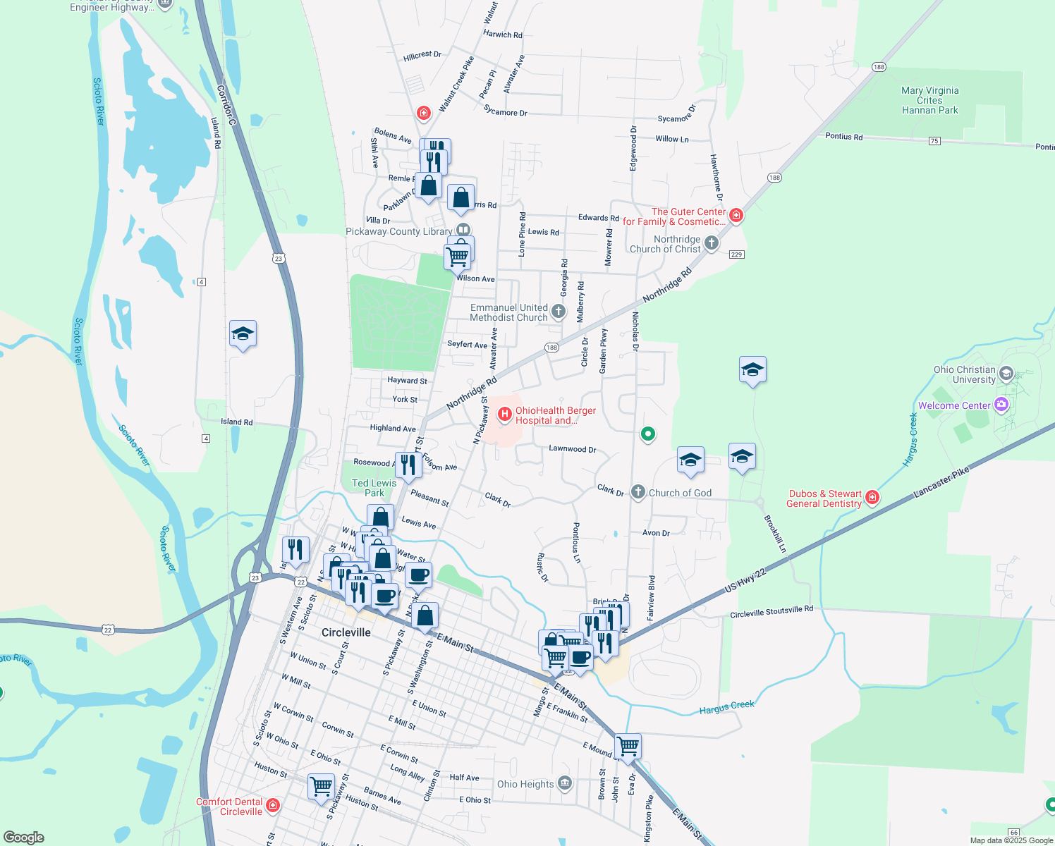 map of restaurants, bars, coffee shops, grocery stores, and more near 515 Lawnwood Court in Circleville