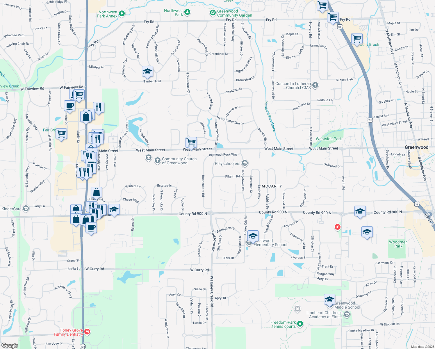 map of restaurants, bars, coffee shops, grocery stores, and more near 1196 Pilgrim Road in Greenwood