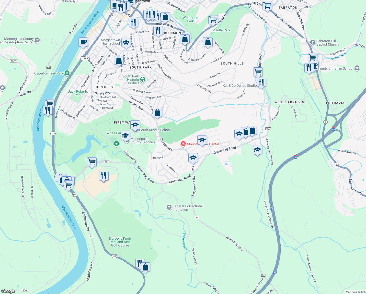 map of restaurants, bars, coffee shops, grocery stores, and more near 1321 Dorsey Ave in Morgantown