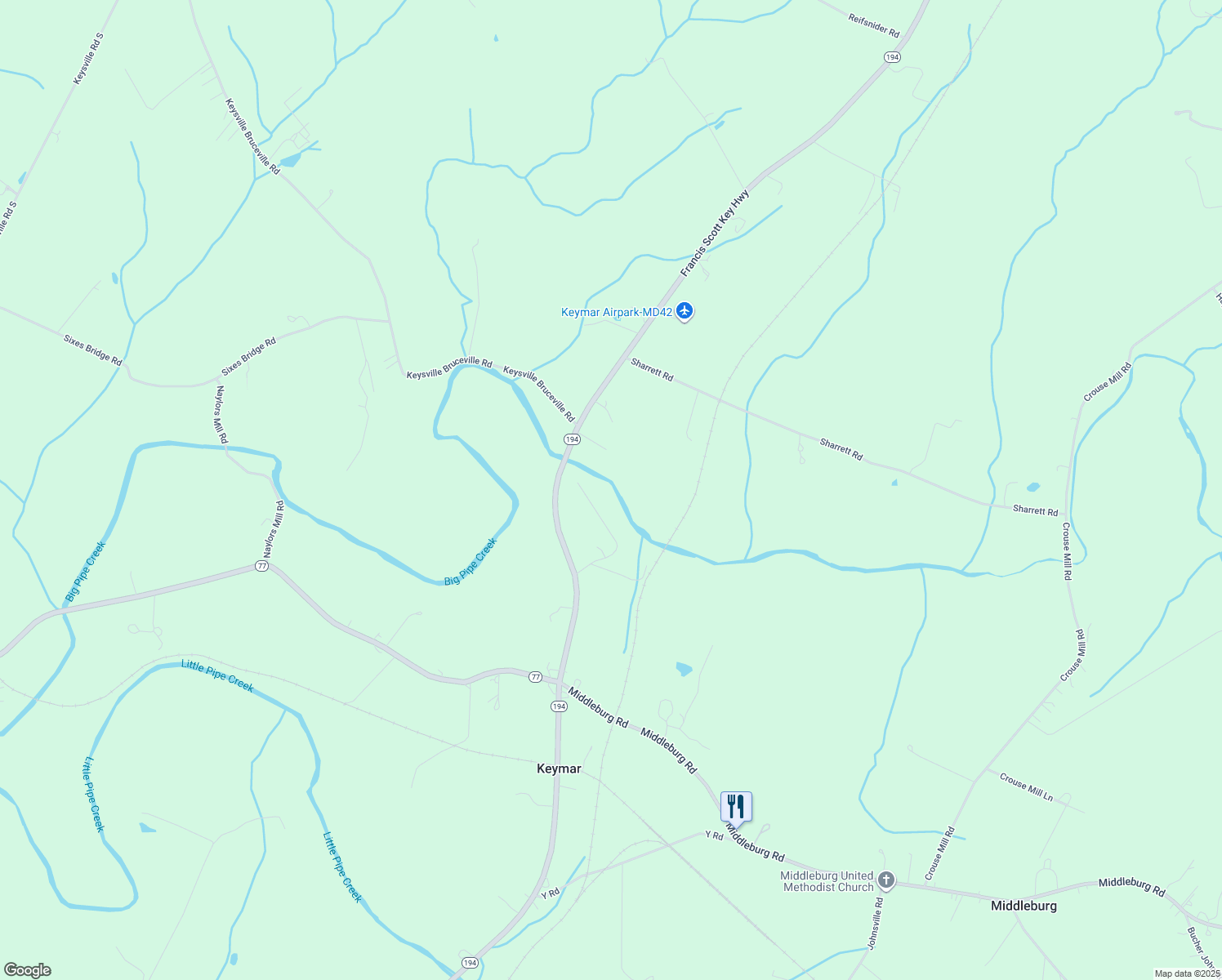 map of restaurants, bars, coffee shops, grocery stores, and more near 1296 Bruceville Road in Keymar