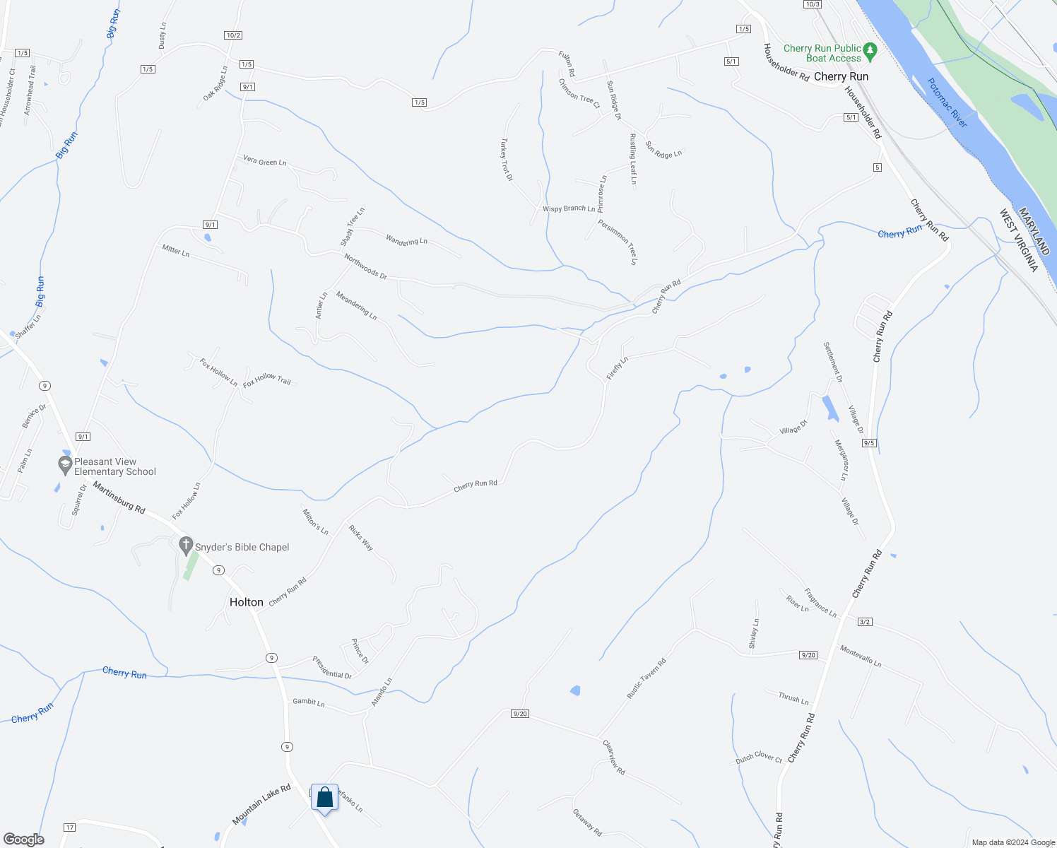 map of restaurants, bars, coffee shops, grocery stores, and more near 5248 Cherry Run Road in Hedgesville