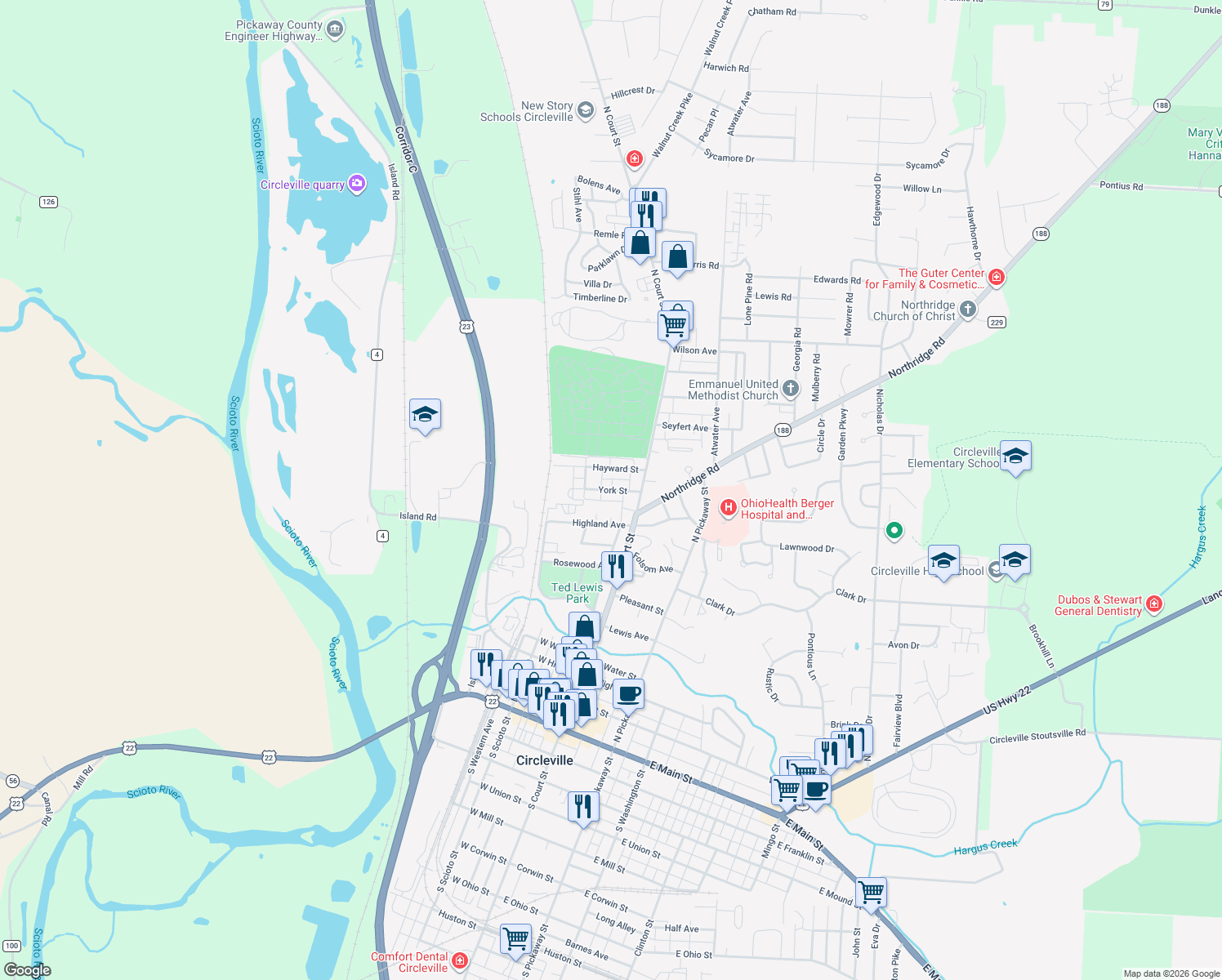 map of restaurants, bars, coffee shops, grocery stores, and more near 131 York Street in Circleville