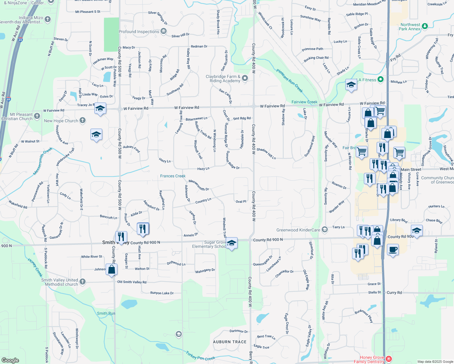 map of restaurants, bars, coffee shops, grocery stores, and more near 4140 Messersmith Drive in Greenwood