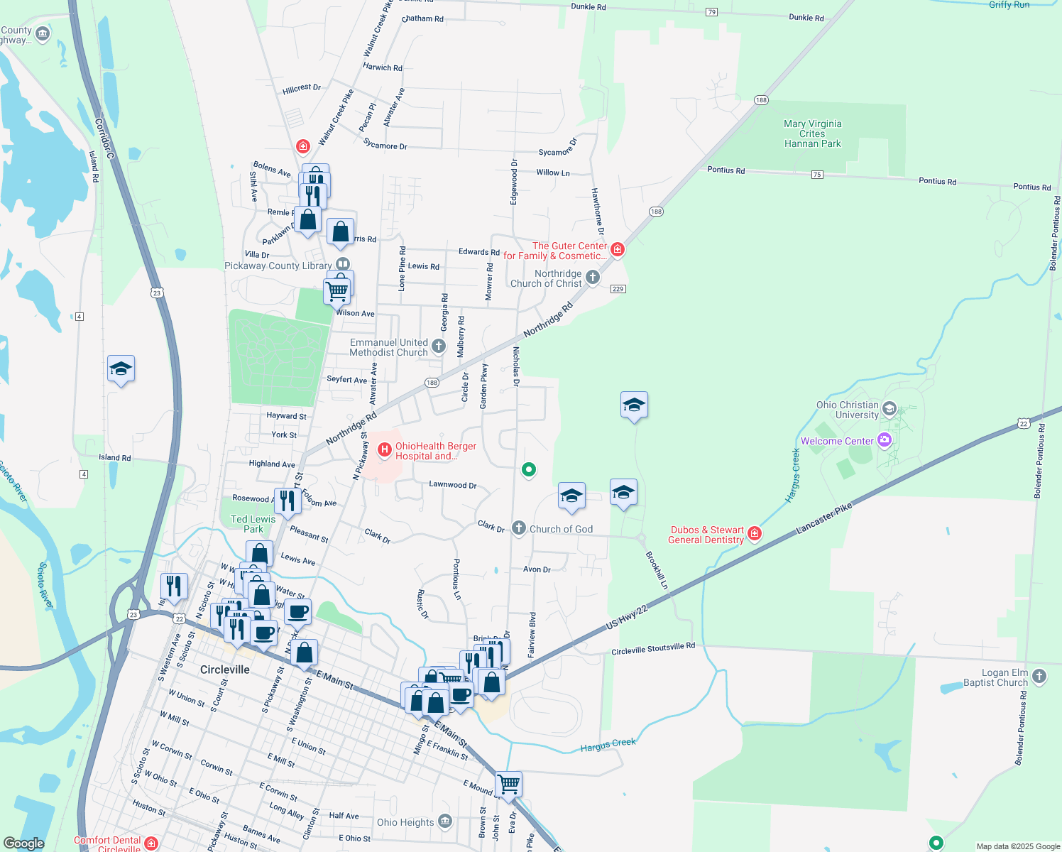 map of restaurants, bars, coffee shops, grocery stores, and more near 523 Douglas Drive in Circleville