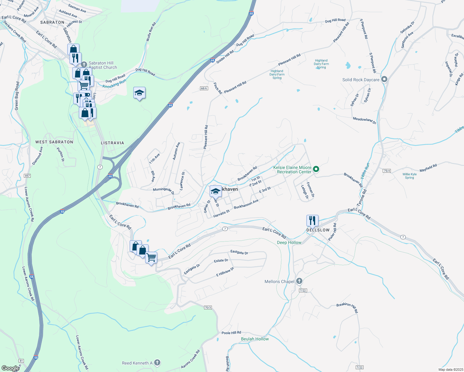 map of restaurants, bars, coffee shops, grocery stores, and more near 608 Brookhaven Rd in Morgantown