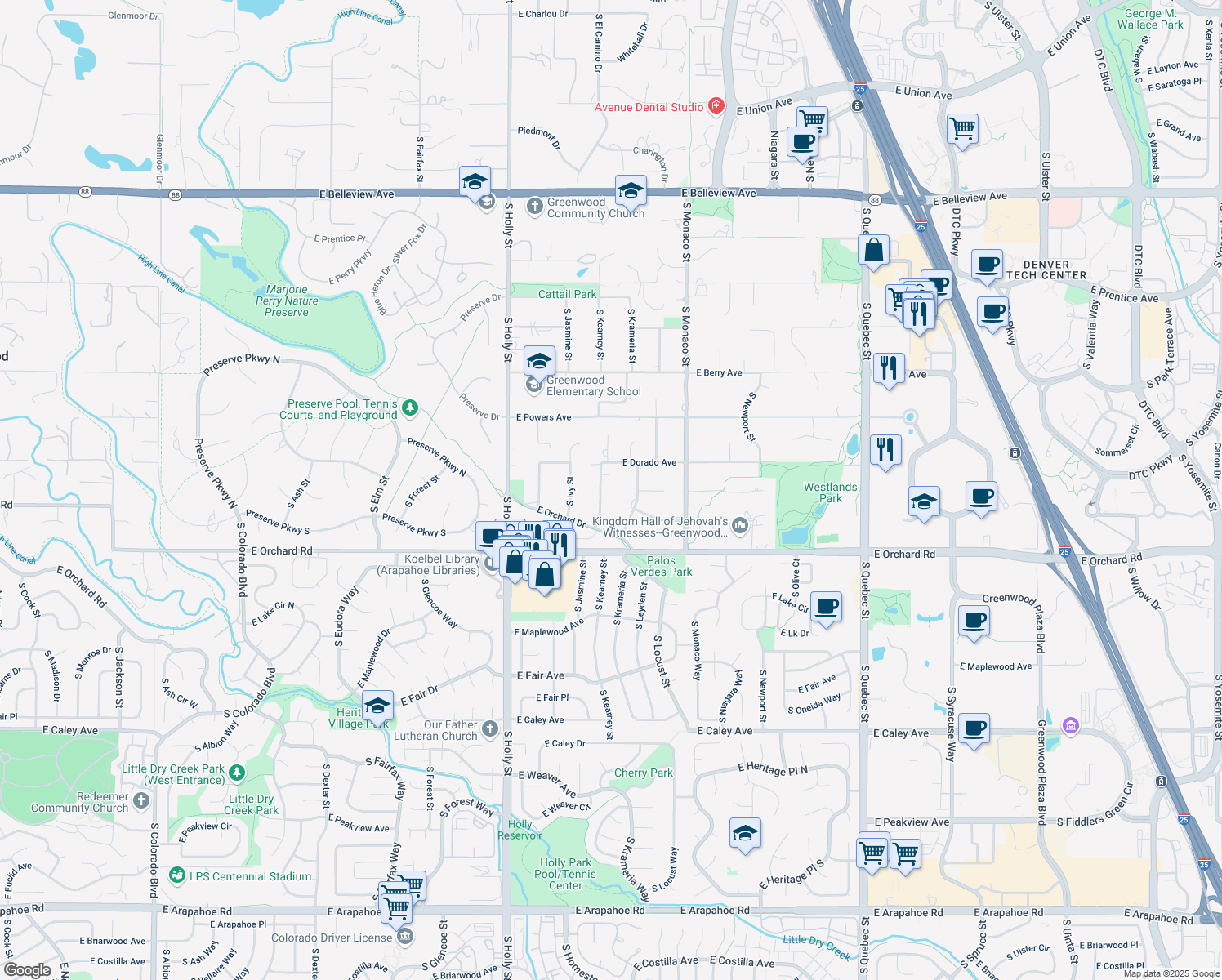 map of restaurants, bars, coffee shops, grocery stores, and more near 5742 S Jasmine St in Greenwood Village