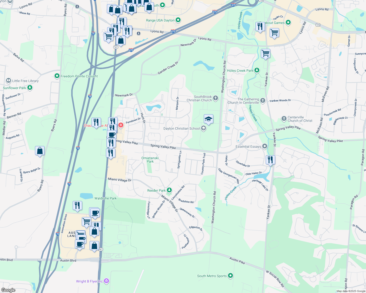 map of restaurants, bars, coffee shops, grocery stores, and more near 9338 Heritage Glen Drive in Miamisburg