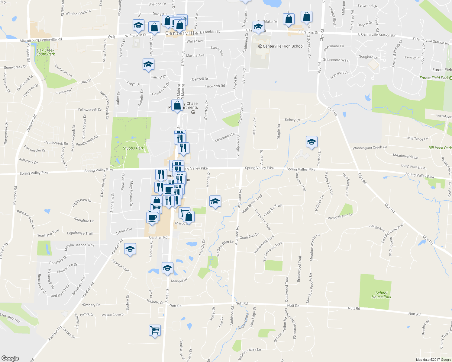 map of restaurants, bars, coffee shops, grocery stores, and more near 9212 Mintcreek Court in Dayton