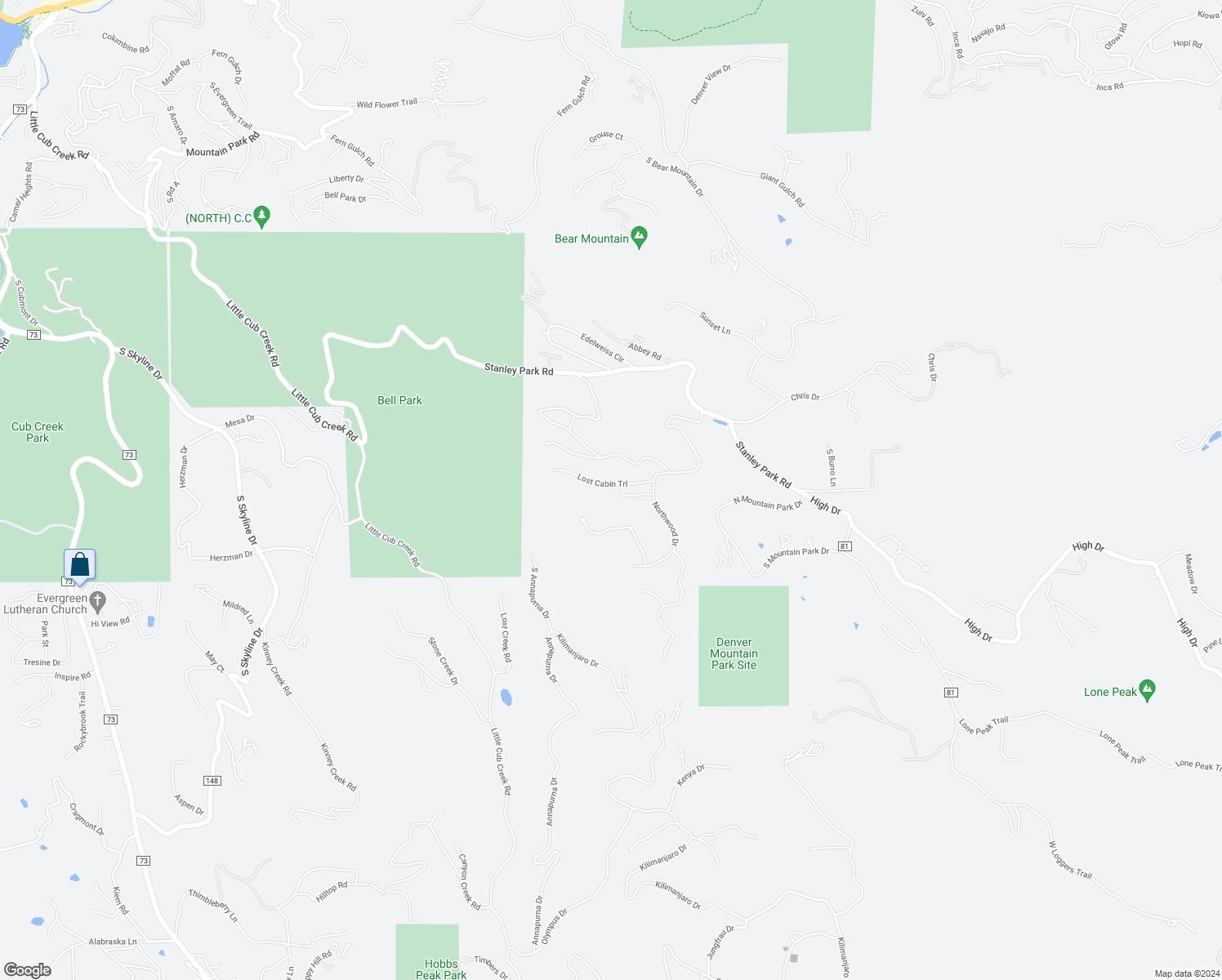map of restaurants, bars, coffee shops, grocery stores, and more near 25626 Lost Cabin Trail in Evergreen