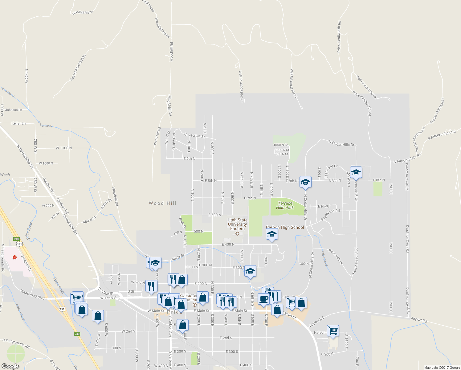 map of restaurants, bars, coffee shops, grocery stores, and more near 775 North 500 East in Price