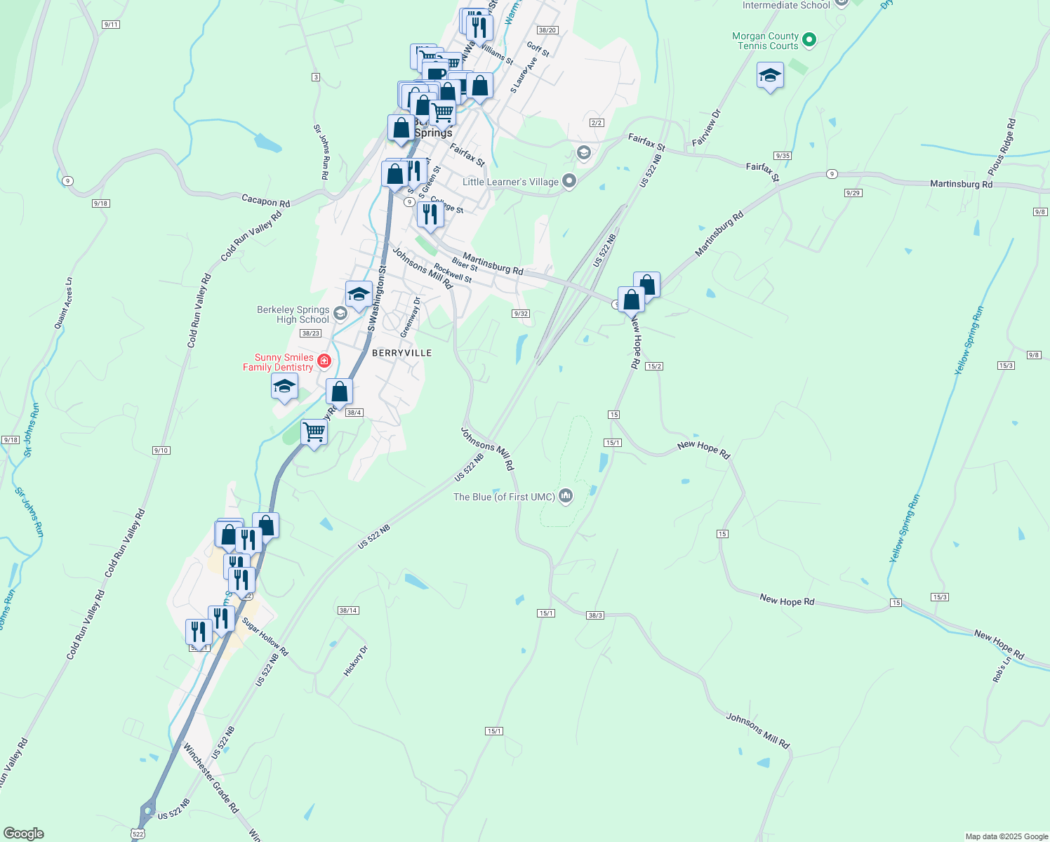 map of restaurants, bars, coffee shops, grocery stores, and more near 157 Nicole Lane in Berkeley Springs