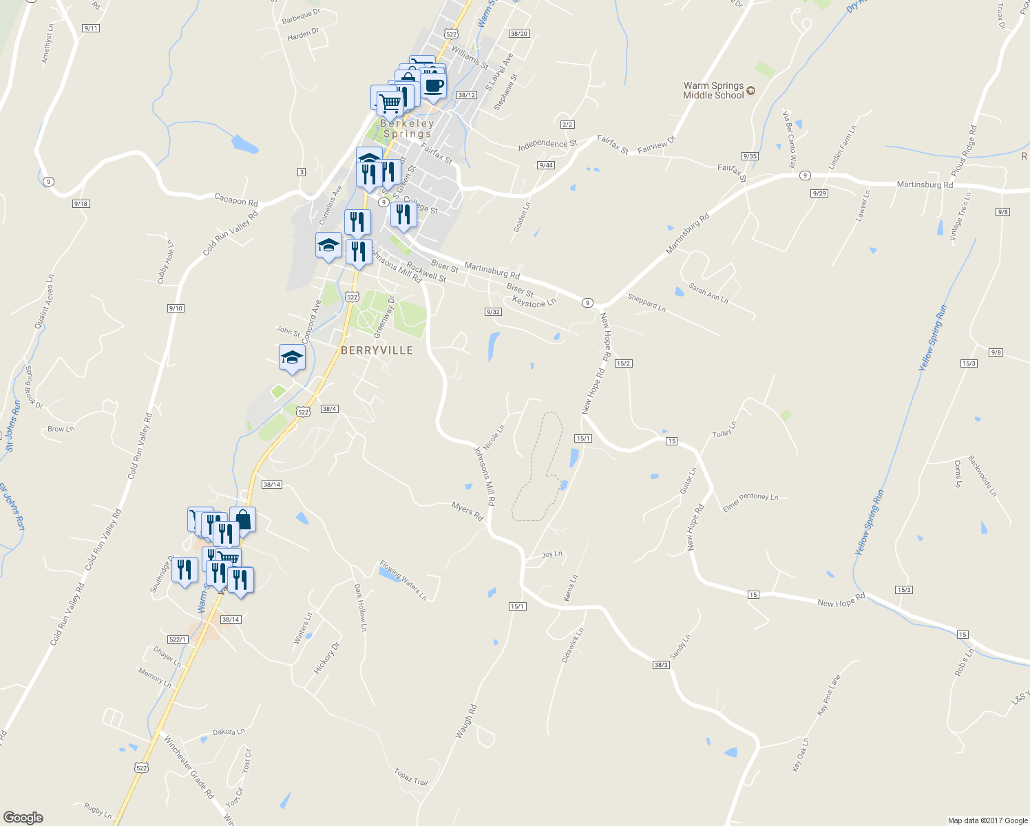 map of restaurants, bars, coffee shops, grocery stores, and more near 157 Nicole Lane in Berkeley Springs