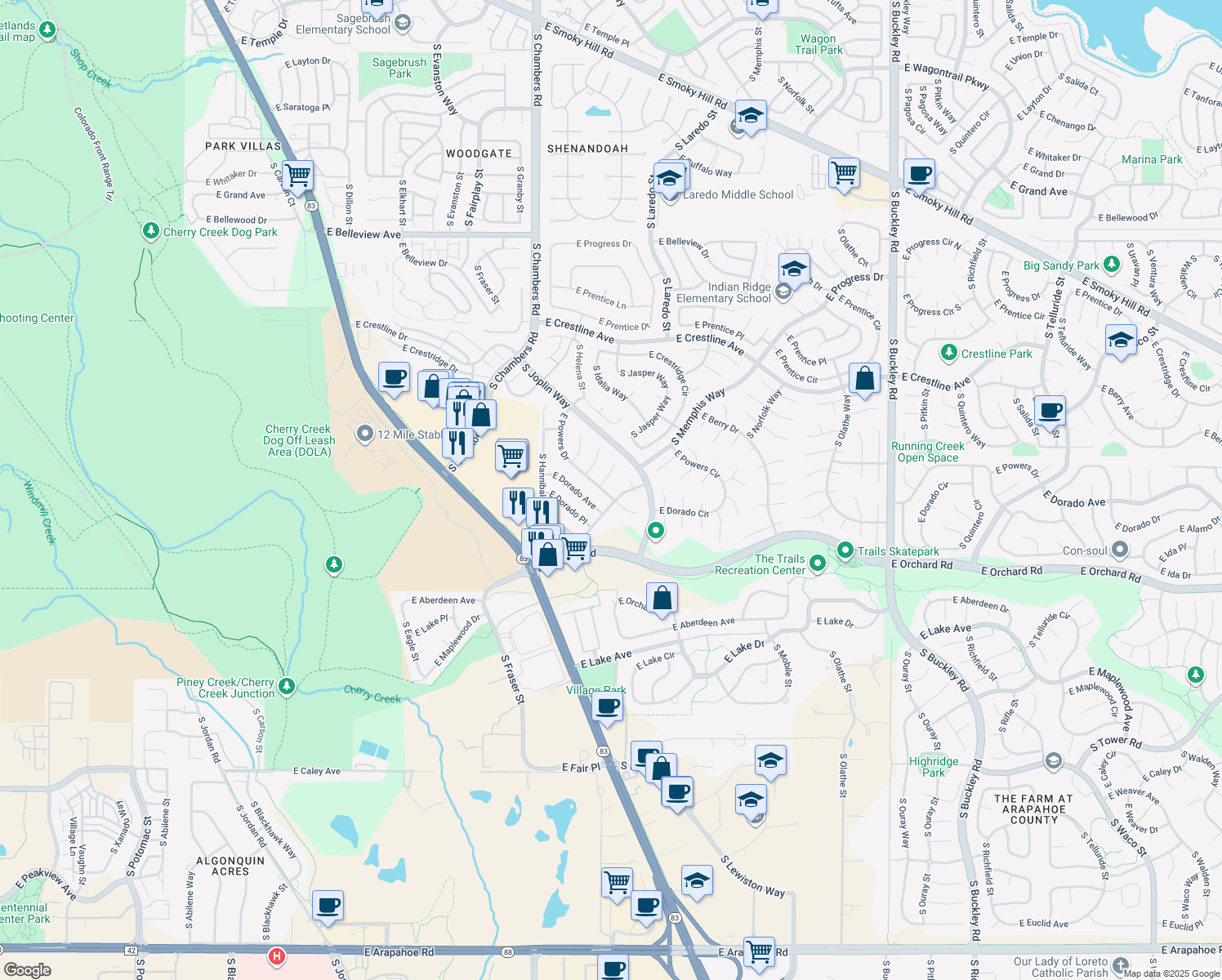 map of restaurants, bars, coffee shops, grocery stores, and more near 15667 East Powers Drive in Centennial