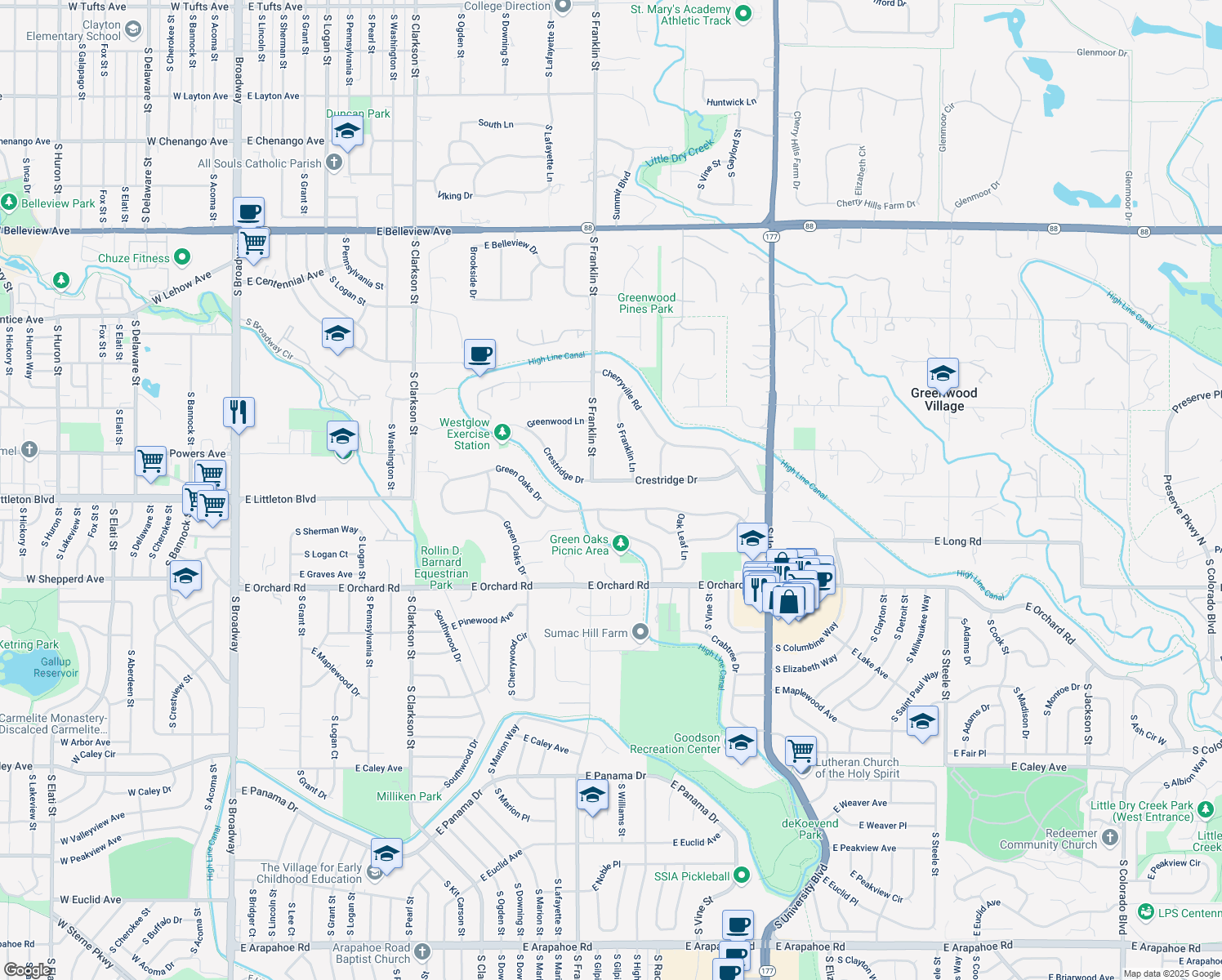 map of restaurants, bars, coffee shops, grocery stores, and more near 1662 Crestridge Drive in Greenwood Village