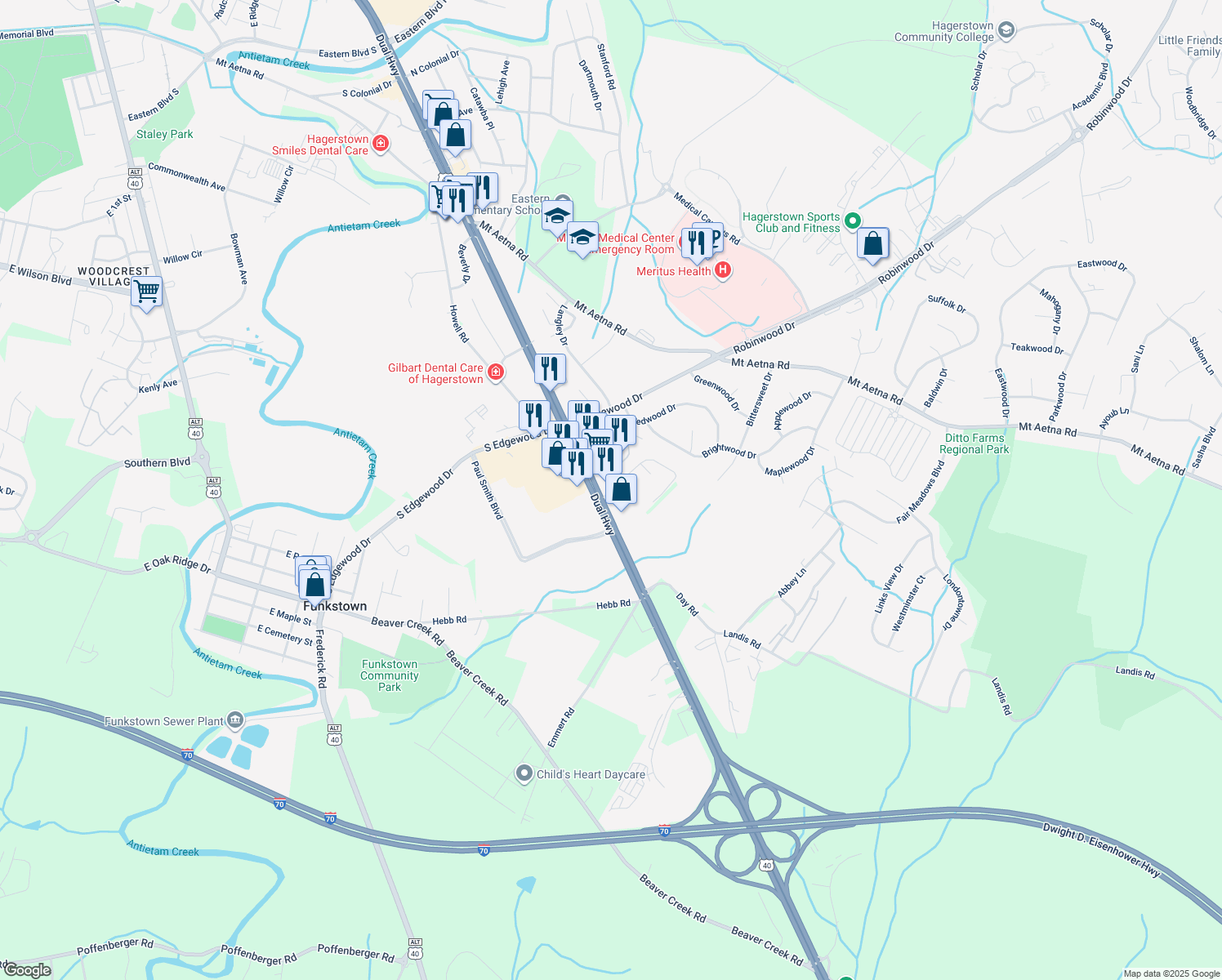 map of restaurants, bars, coffee shops, grocery stores, and more near 2 Redwood Cir in Hagerstown