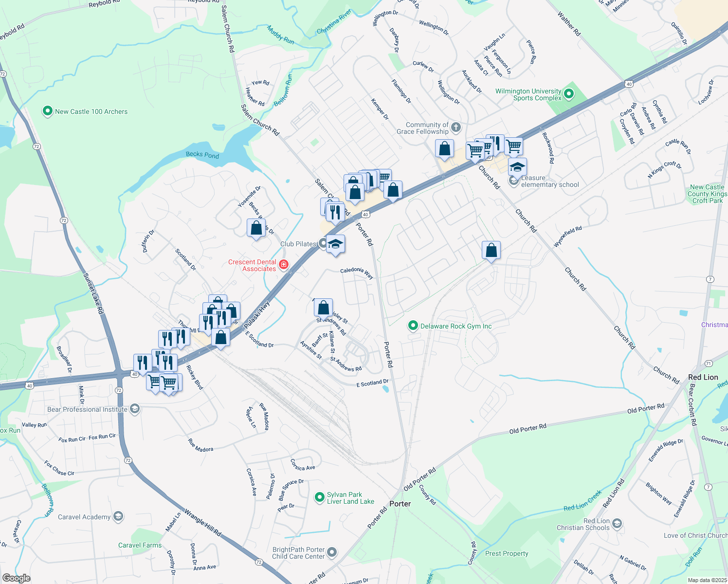 map of restaurants, bars, coffee shops, grocery stores, and more near 254 Cardiff Way in Bear