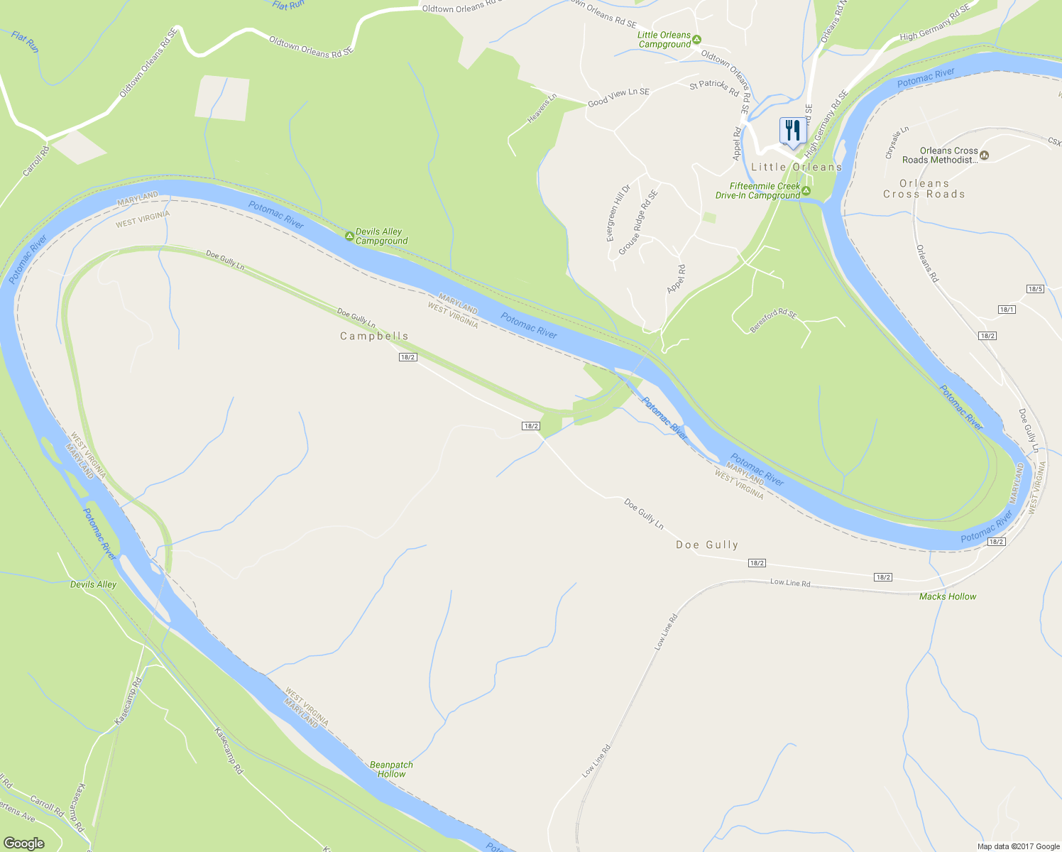 map of restaurants, bars, coffee shops, grocery stores, and more near Doe Gully Lane in Great Cacapon