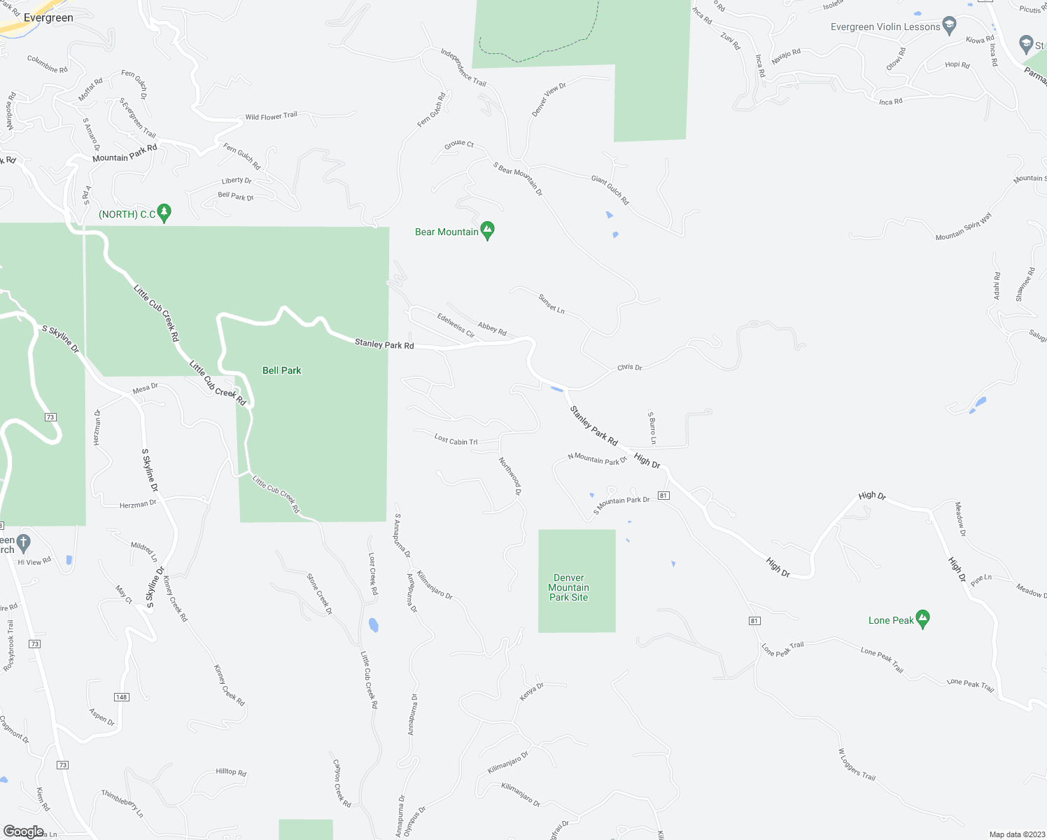 map of restaurants, bars, coffee shops, grocery stores, and more near 5601 Northwood Drive in Evergreen