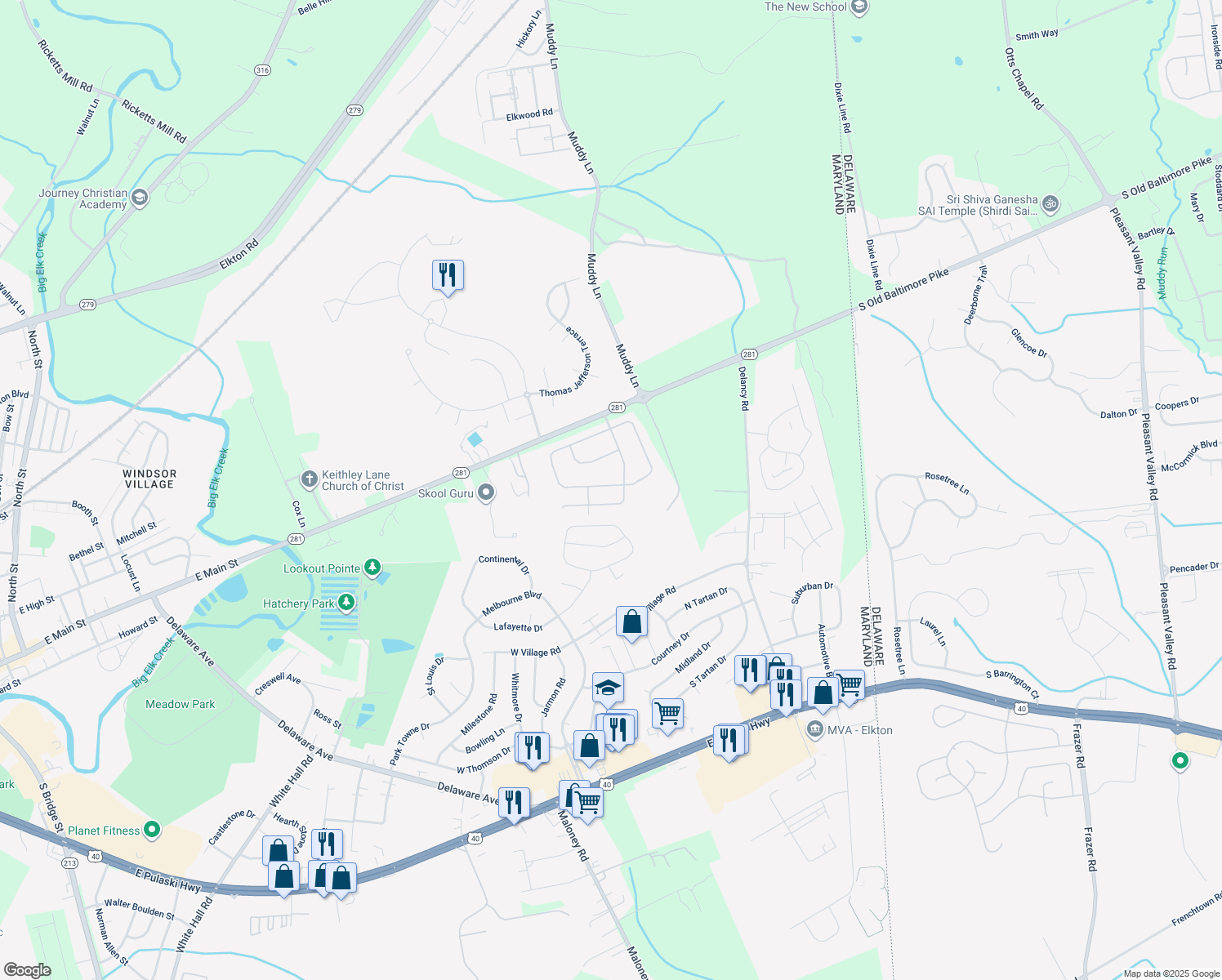 map of restaurants, bars, coffee shops, grocery stores, and more near 192 Independence Dr in Elkton