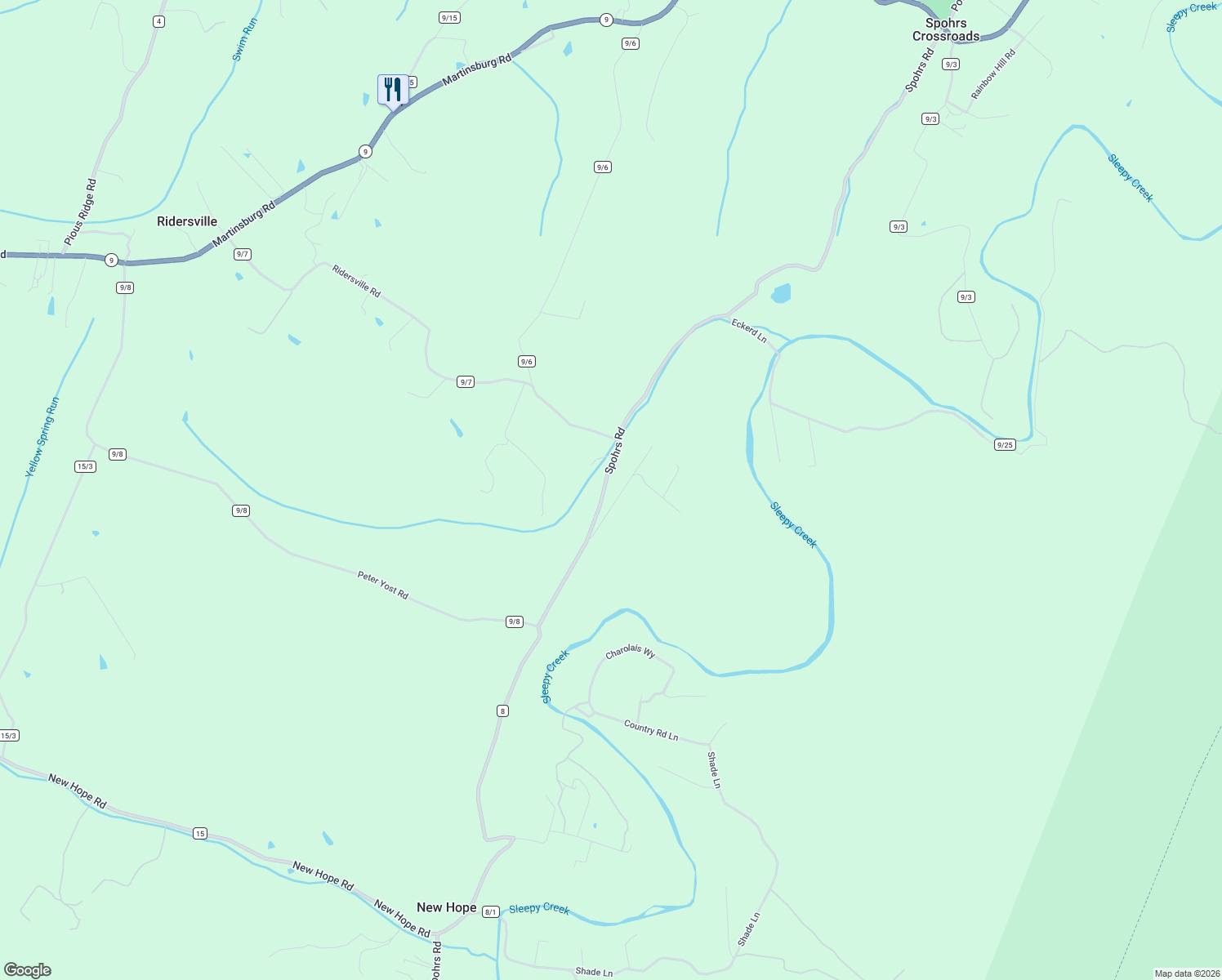 map of restaurants, bars, coffee shops, grocery stores, and more near 184 Mae Butts Lane in Berkeley Springs