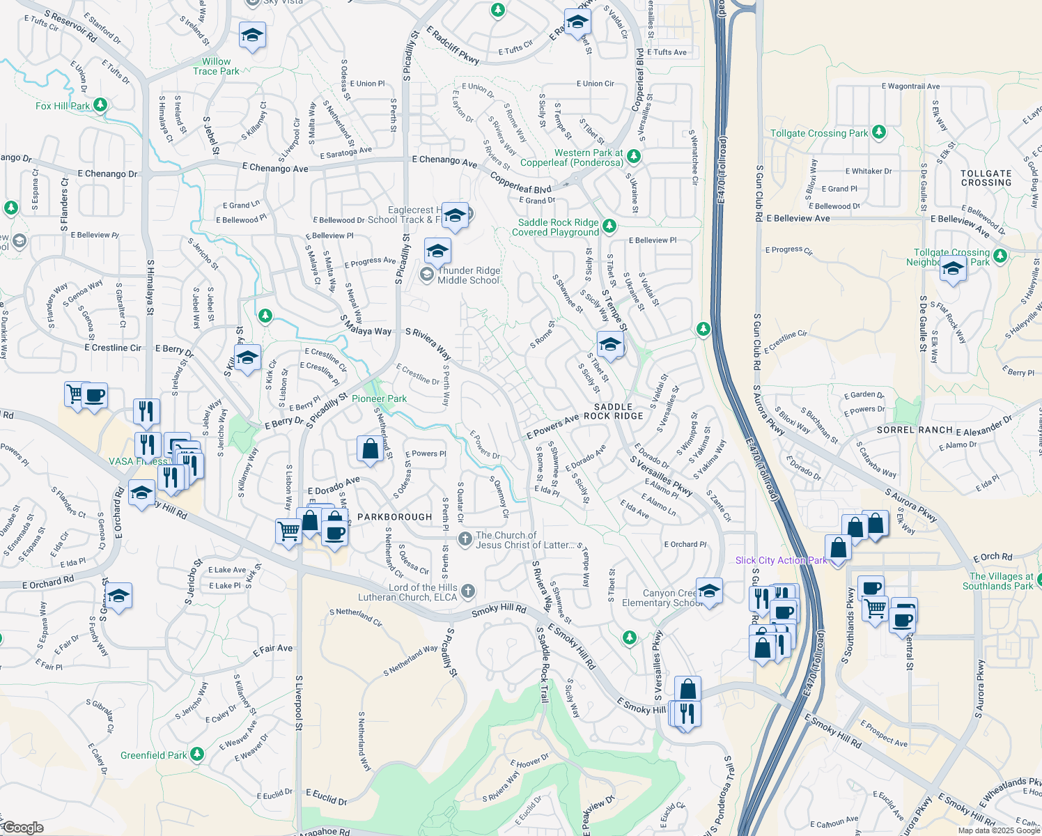 map of restaurants, bars, coffee shops, grocery stores, and more near 5569 South Quemoy Circle in Aurora