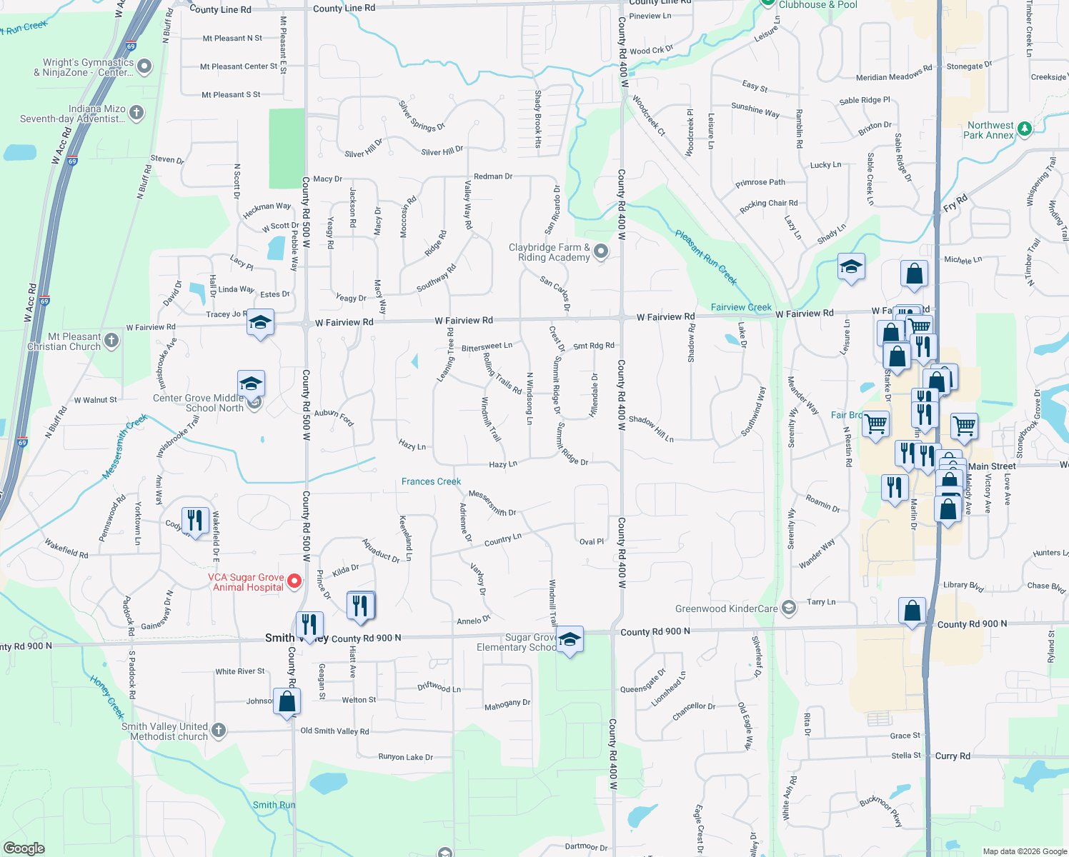 map of restaurants, bars, coffee shops, grocery stores, and more near 151 North Windsong Lane in Greenwood