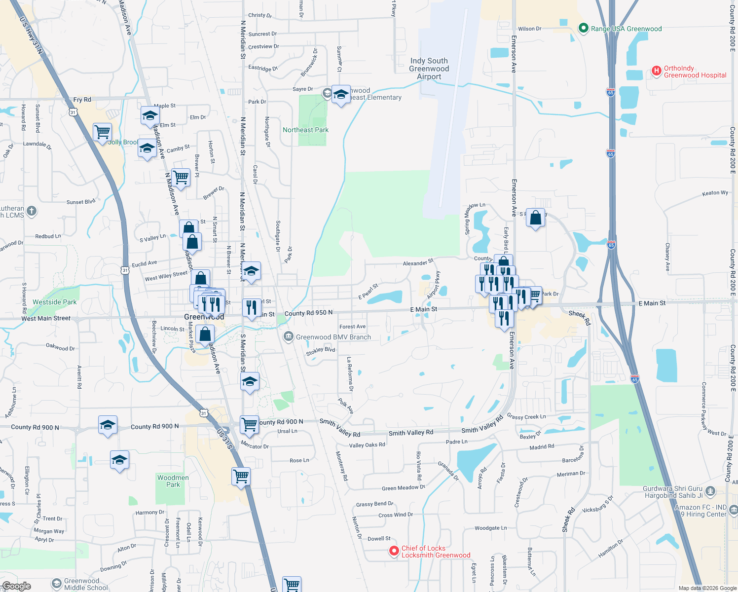 map of restaurants, bars, coffee shops, grocery stores, and more near 617 East Pearl Street in Greenwood