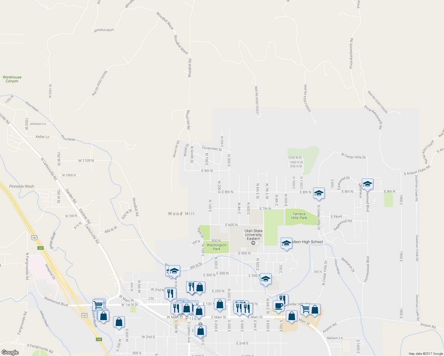 map of restaurants, bars, coffee shops, grocery stores, and more near 880 North 200 East in Price