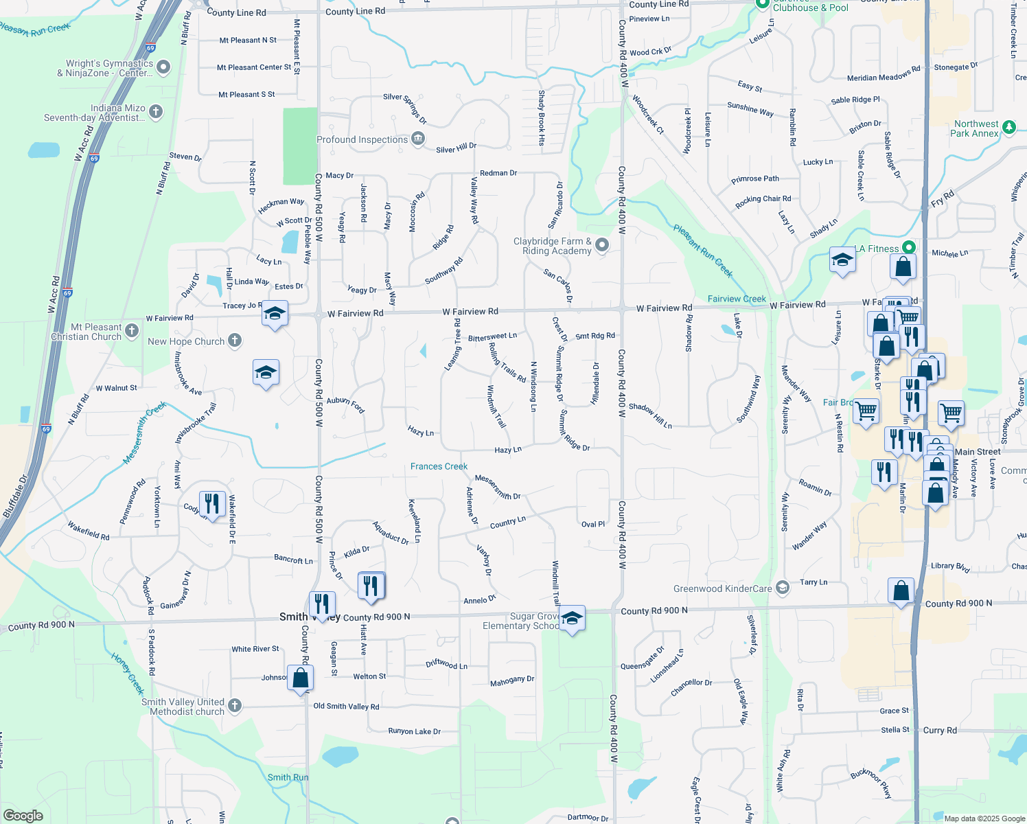 map of restaurants, bars, coffee shops, grocery stores, and more near 147 Lilac Cir in Greenwood