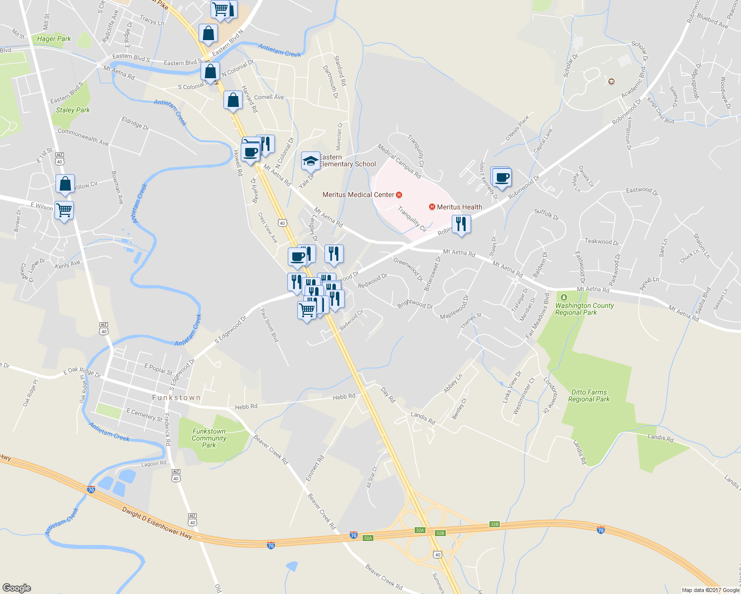 map of restaurants, bars, coffee shops, grocery stores, and more near 15 Brightwood Drive in Hagerstown