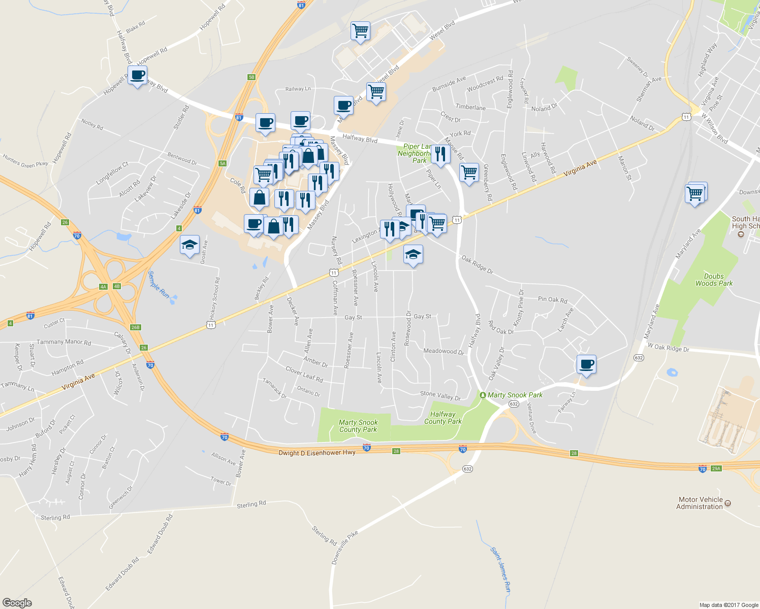 map of restaurants, bars, coffee shops, grocery stores, and more near 11011 Lincoln Avenue in Hagerstown