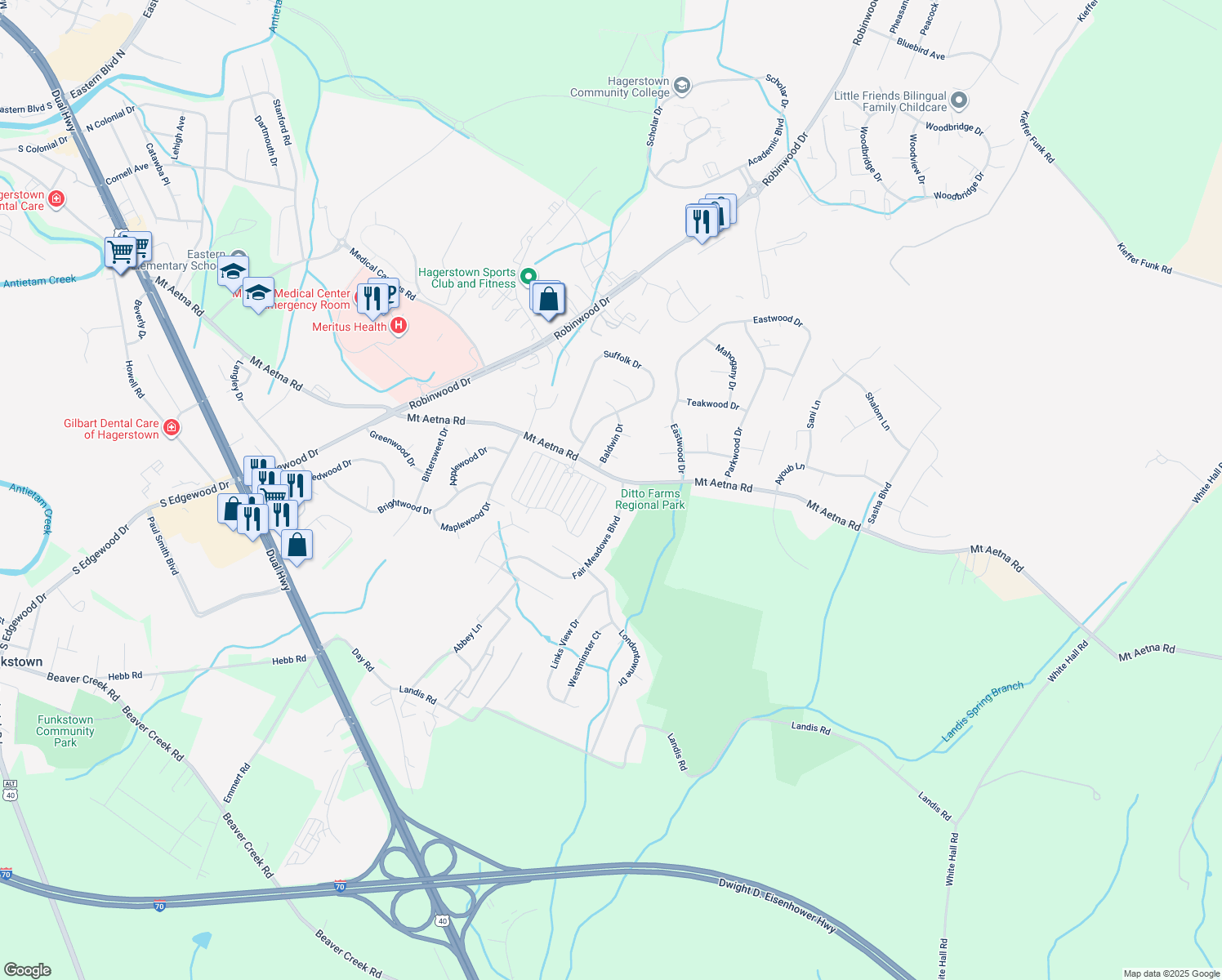 map of restaurants, bars, coffee shops, grocery stores, and more near 1834 Meridian Drive in Hagerstown