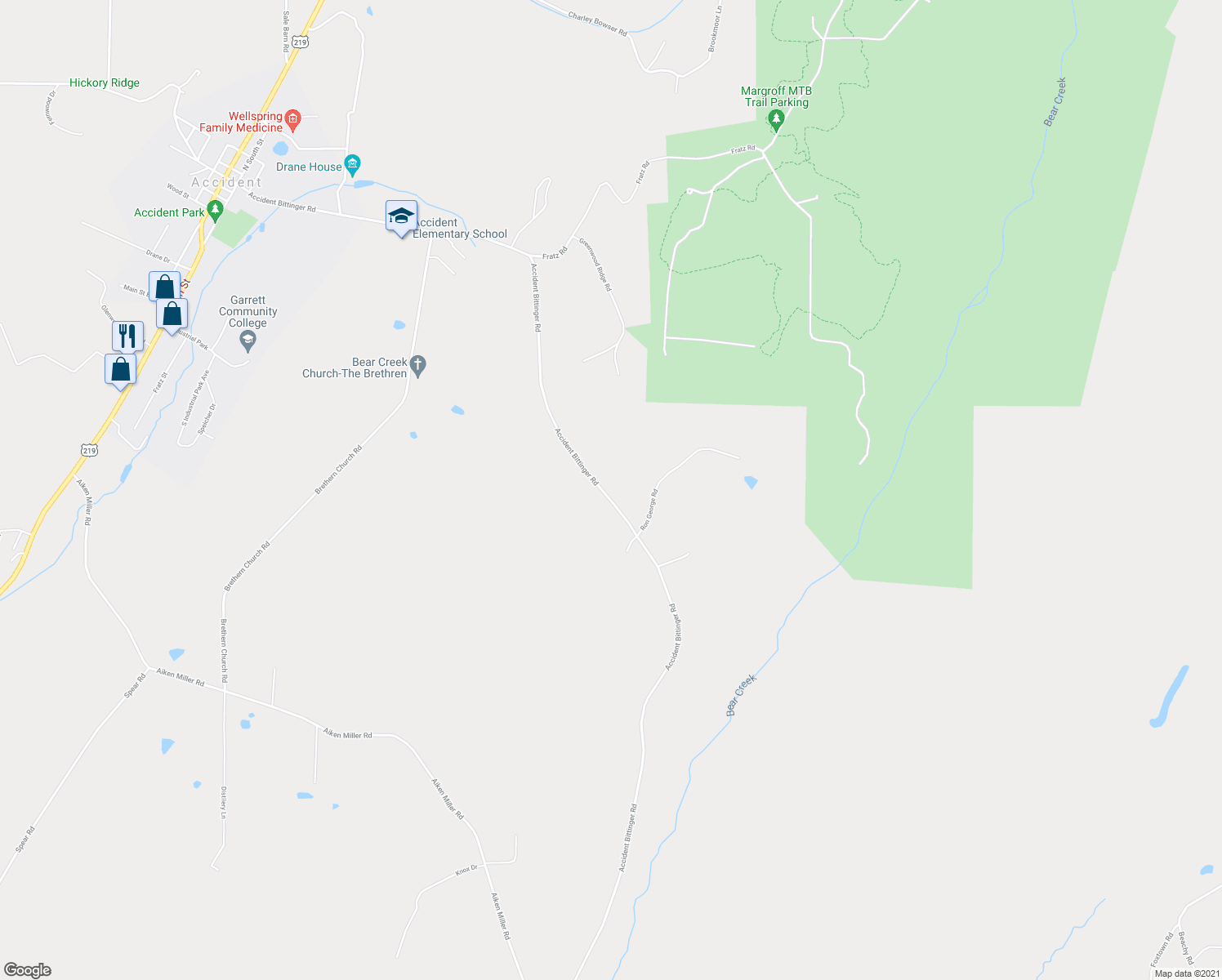 map of restaurants, bars, coffee shops, grocery stores, and more near 1615 Accident Bittinger Road in Accident