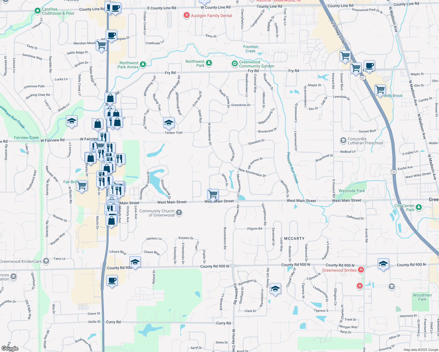 map of restaurants, bars, coffee shops, grocery stores, and more near 176 Severn Dr in Greenwood