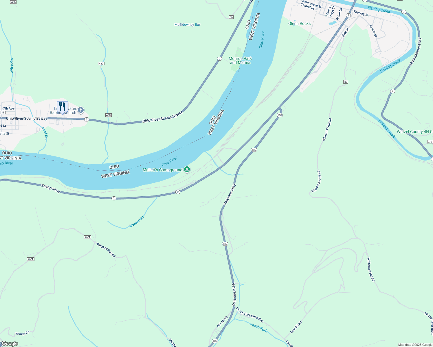 map of restaurants, bars, coffee shops, grocery stores, and more near Vine Street in New Martinsville