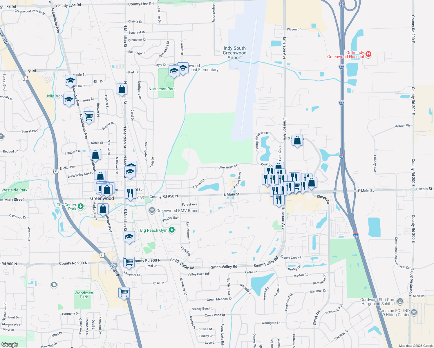 map of restaurants, bars, coffee shops, grocery stores, and more near 672 Hawk Court in Greenwood