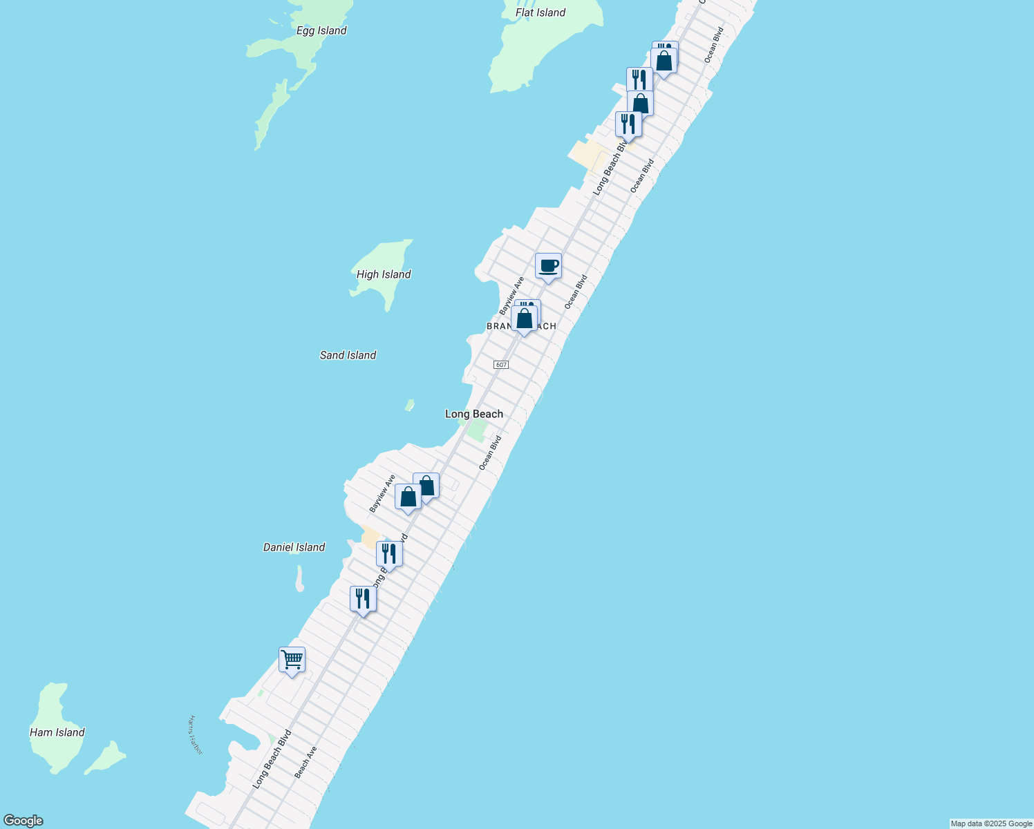 map of restaurants, bars, coffee shops, grocery stores, and more near 6605 Ocean Boulevard in Beach Haven
