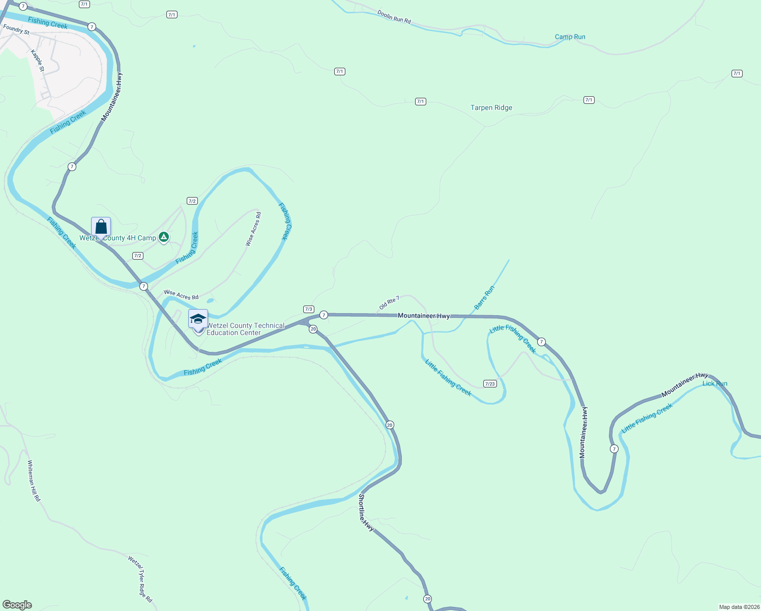 map of restaurants, bars, coffee shops, grocery stores, and more near 45 Duck Lane in New Martinsville