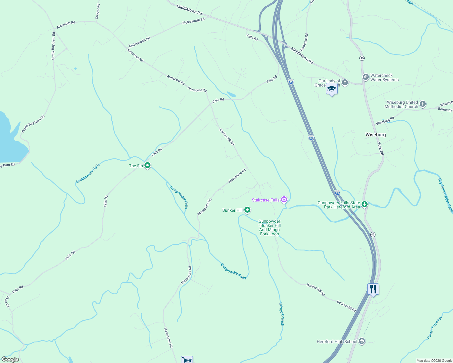 map of restaurants, bars, coffee shops, grocery stores, and more near 17930 Masemore Road in Parkton