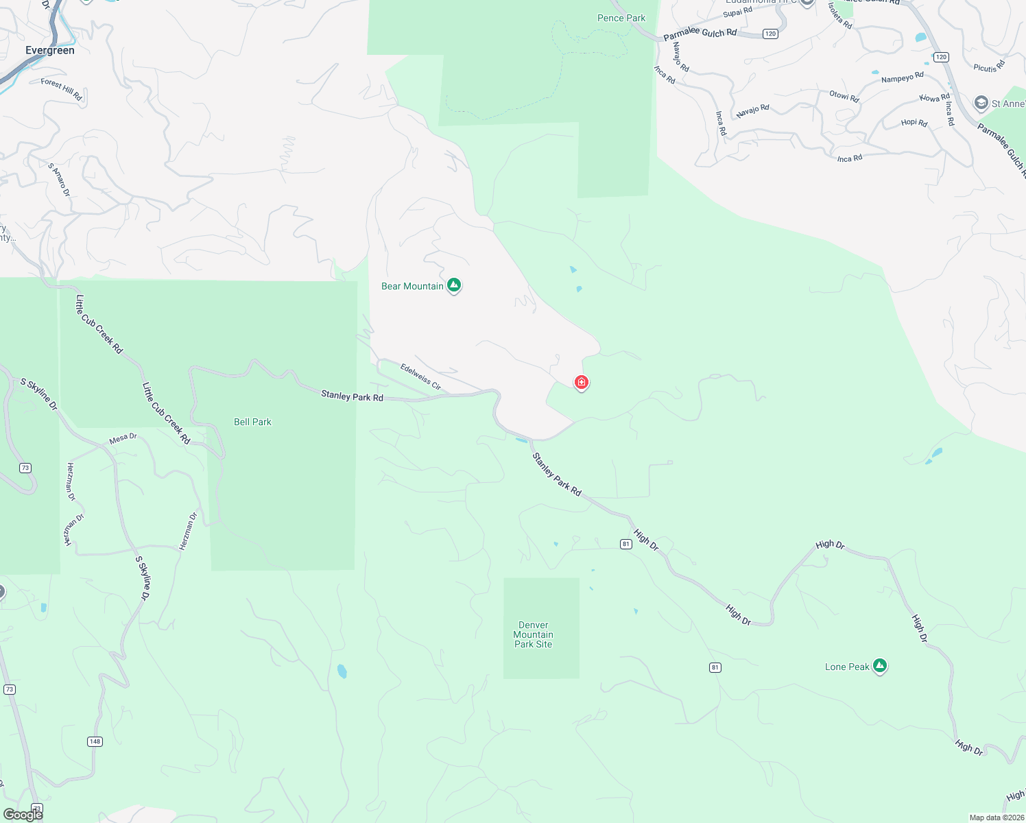 map of restaurants, bars, coffee shops, grocery stores, and more near 25187 Stanley Park Road in Evergreen