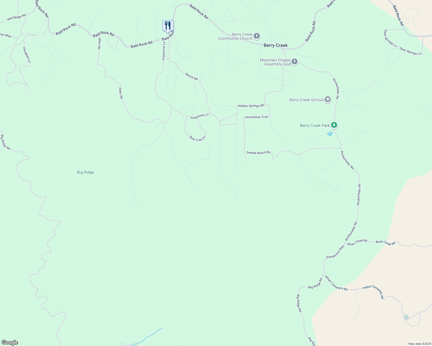 map of restaurants, bars, coffee shops, grocery stores, and more near 420 Ranch Road in Berry Creek