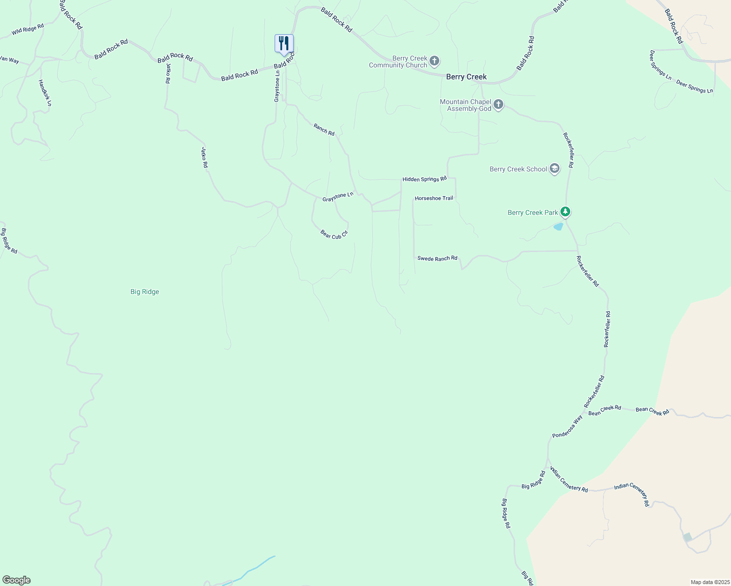 map of restaurants, bars, coffee shops, grocery stores, and more near 420 Ranch Road in Berry Creek