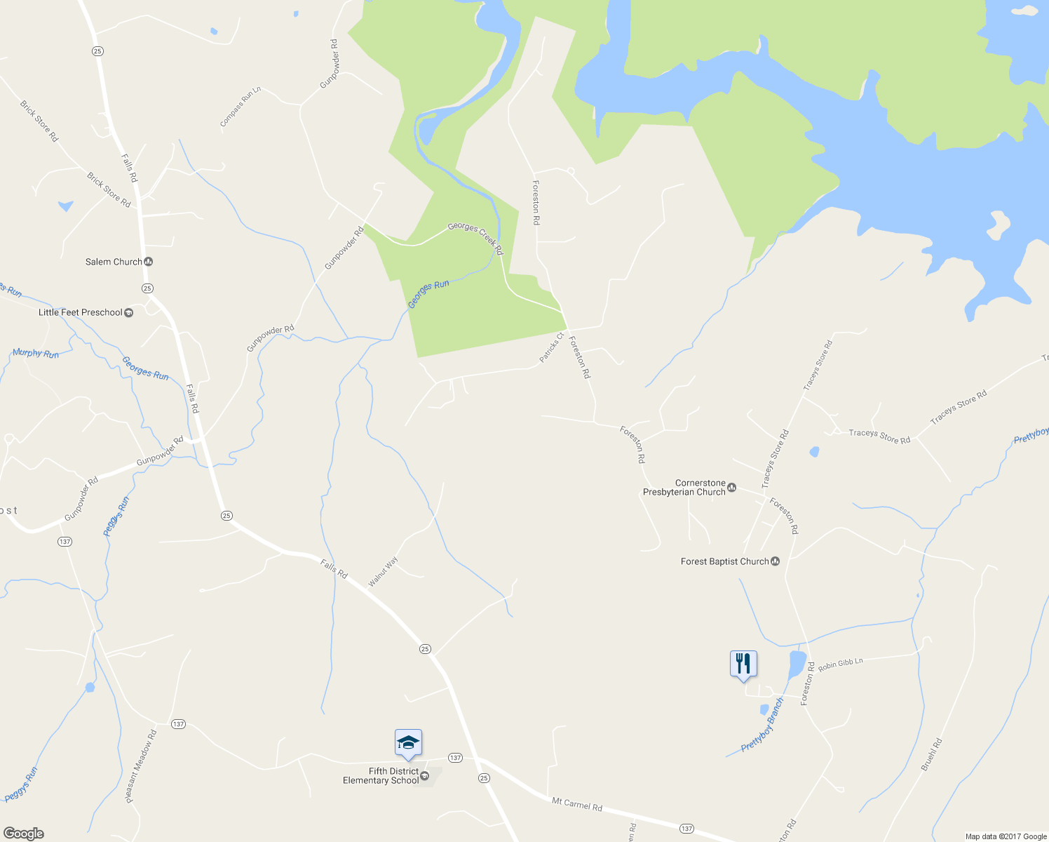 map of restaurants, bars, coffee shops, grocery stores, and more near 17956 Foreston Road in Parkton