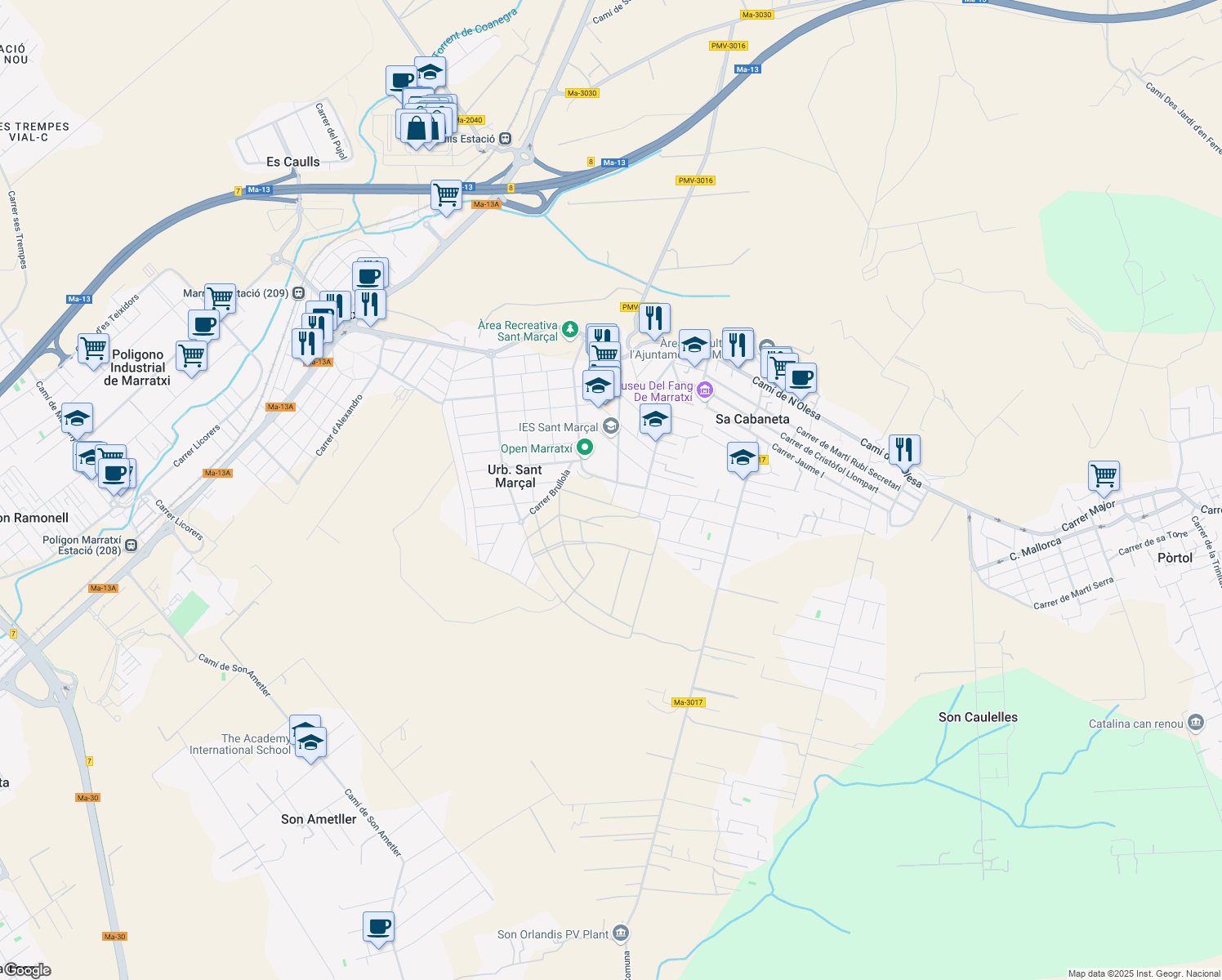 map of restaurants, bars, coffee shops, grocery stores, and more near 52 Avinguda Bàrbara de Verí in Marratxinet