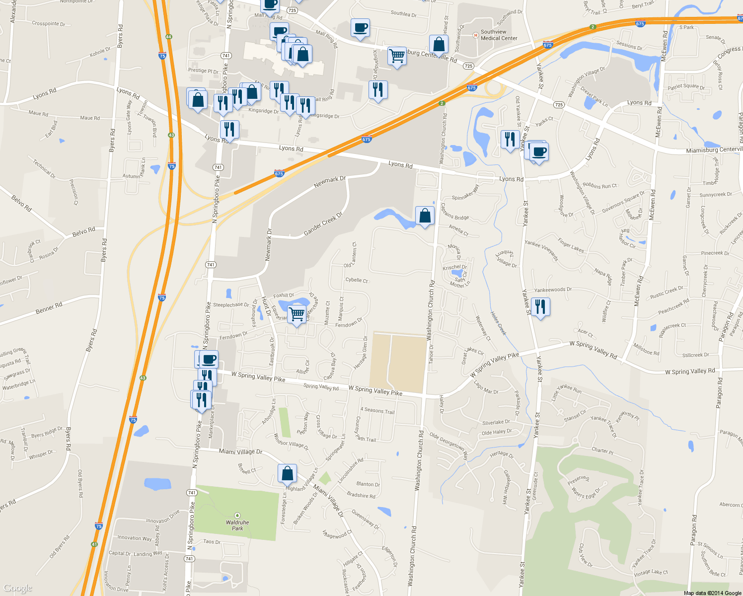 map of restaurants, bars, coffee shops, grocery stores, and more near 2372 Ferndown Drive in Miamisburg